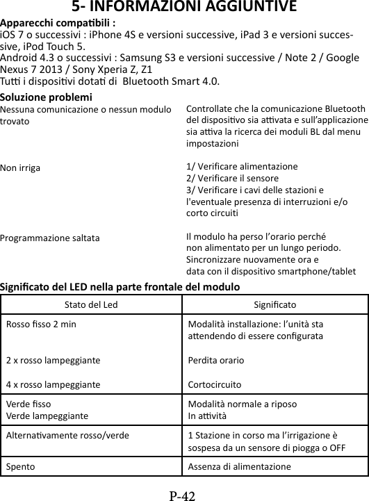 5- INFORMAZIONI AGGIUNTIVEApparecchi compabili : iOS 7 o successivi : iPhone 4S e versioni successive, iPad 3 e versioni succes-sive, iPod Touch 5.Android 4.3 o successivi : Samsung S3 e versioni successive / Note 2 / Google Nexus 7 2013 / Sony Xperia Z, Z1Tu i disposivi dota di  Bluetooth Smart 4.0.Soluzione problemiNessuna comunicazione o nessun modulo trovatoNon irrigaProgrammazione saltataControllate che la comunicazione Bluetooth del disposivo sia avata e sull&rsquo;applicazione sia ava la ricerca dei moduli BL dal menu impostazioni1/ Verificare alimentazione2/ Verificare il sensore3/ Verificare i cavi delle stazioni e l'eventuale presenza di interruzioni e/o corto circuitiIl modulo ha perso l&rsquo;orario perch&eacute; non alimentato per un lungo periodo. Sincronizzare nuovamente ora edata con il dispositivo smartphone/tabletSignicato del LED nella parte frontale del moduloStato del Led SignicatoRosso sso 2 min2 x rosso lampeggiante4 x rosso lampeggianteModalit&agrave; installazione: l&rsquo;unit&agrave; sta aendendo di essere congurataPerdita orarioCortocircuitoVerde ssoVerde lampeggianteModalit&agrave; normale a riposoIn avit&agrave;Alternavamente rosso/verde 1 Stazione in corso ma l&rsquo;irrigazione &egrave; sospesa da un sensore di piogga o OFFSpento Assenza di alimentazioneP-42