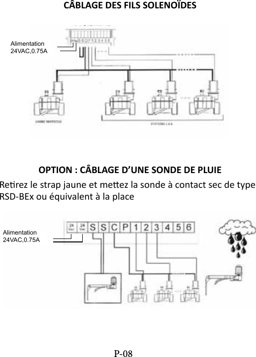 C&Acirc;BLAGE DES FILS SOLENO&Iuml;DESOPTION : C&Acirc;BLAGE D&rsquo;UNE SONDE DE PLUIERerez le strap jaune et meez la sonde &agrave; contact sec de type RSD-BEx ou &eacute;quivalent &agrave; la placeP-08Alimentation24VAC,0.75AAlimentation24VAC,0.75A