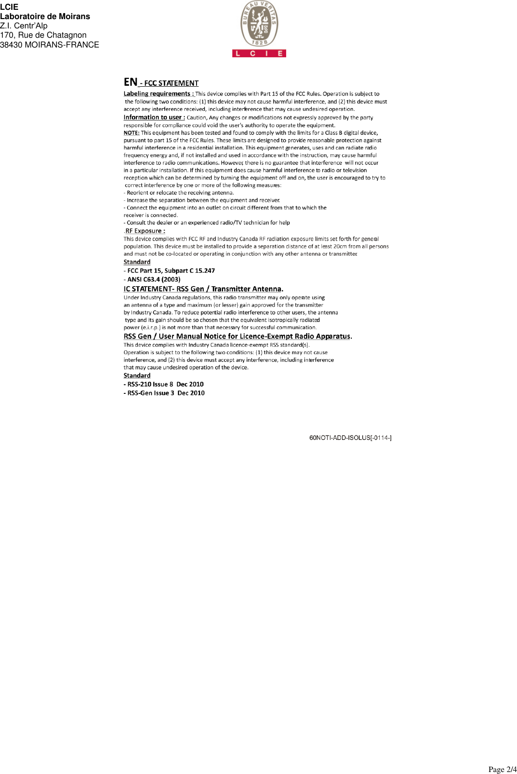       Page 2/4  LCIE  Laboratoire de Moirans Z.I. Centr&rsquo;Alp 170, Rue de Chatagnon 38430 MOIRANS-FRANCE   