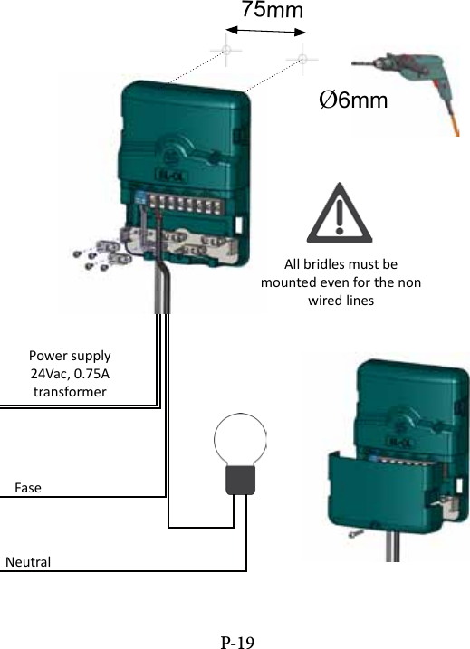 &Oslash;6mm75mmP-19All bridles must be mounted even for the non wired linesPower supply24Vac, 0.75AtransformerFaseNeutral