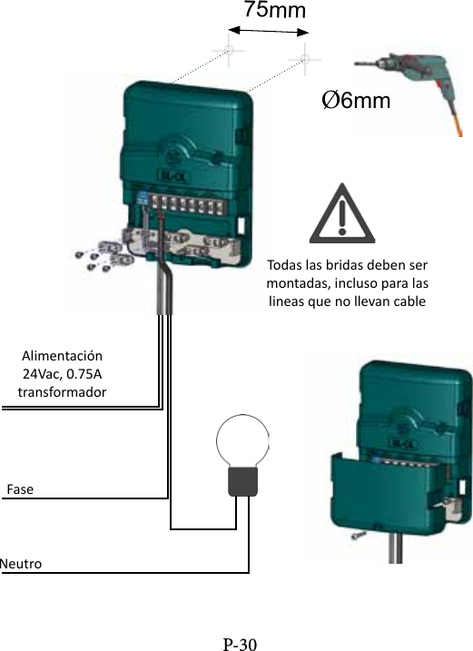 &Oslash;6mm75mmP-30Todas las bridas deben ser montadas, incluso para las lineas que no llevan cableAlimentaci&oacute;n24Vac, 0.75AtransformadorFaseNeutro