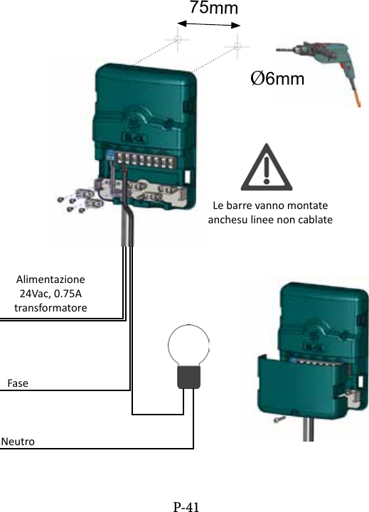 &Oslash;6mm75mmP-41Le barre vanno montate anchesu linee non cablateAlimentazione24Vac, 0.75AtransformatoreFaseNeutro