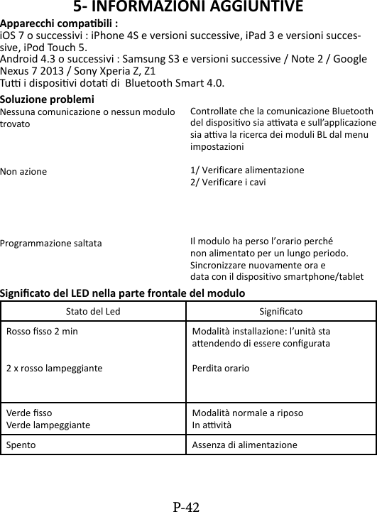 5- INFORMAZIONI AGGIUNTIVEApparecchi compabili : iOS 7 o successivi : iPhone 4S e versioni successive, iPad 3 e versioni succes-sive, iPod Touch 5.Android 4.3 o successivi : Samsung S3 e versioni successive / Note 2 / Google Nexus 7 2013 / Sony Xperia Z, Z1Tu i disposivi dota di  Bluetooth Smart 4.0.Soluzione problemiNessuna comunicazione o nessun modulo trovatoNon azioneProgrammazione saltataControllate che la comunicazione Bluetooth del disposivo sia avata e sull&rsquo;applicazione sia ava la ricerca dei moduli BL dal menu impostazioni1/ Verificare alimentazione2/ Verificare i cavi Il modulo ha perso l&rsquo;orario perch&eacute; non alimentato per un lungo periodo. Sincronizzare nuovamente ora edata con il dispositivo smartphone/tabletSignicato del LED nella parte frontale del moduloStato del Led SignicatoRosso sso 2 min2 x rosso lampeggianteModalit&agrave; installazione: l&rsquo;unit&agrave; sta aendendo di essere congurataPerdita orarioVerde ssoVerde lampeggianteModalit&agrave; normale a riposoIn avit&agrave;Spento Assenza di alimentazioneP-42