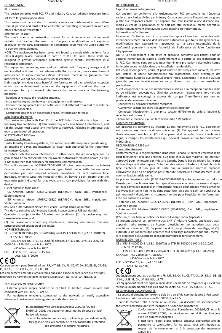      FCC STATEMENT RF Exposure. STATEMENT   DECLARATION FCC  Exposition aux radio fr&eacute;quences DECLARATION This device complies with FCC RF and Industry Canada radiation exposure limits set forth for general population. This device must be installed to provide a separation distance of at least 20cm from all persons and must not be co-located or operating in conjunction with any other antenna or transmitter. Information to user. The user&rsquo;s manual or instruction manual for an intentional or unintentional radiator shall caution the user that changes or modifications not expressly approved by the party responsible for compliance could void the user's authority to operate the equipment. NOTE: This equipment has been tested and found to comply with the limits for a Class B digital device, pursuant to part 15 of the FCC Rules. These limits are designed to provide reasonable protection against harmful interference in a residential installation. This equipment generates, uses and can radiate radio frequency energy and, if not installed and used in accordance with the instruction, may cause harmful interference to radio communications. However, there is no guarantee that interference will not occur in a particular installation. If this equipment does cause harmful interference to radio or television reception which can be determined by turning the equipment off and on, the user is encouraged to try to correct interference by one or more of the following measures: - Reorient or relocate the receiving antenna. - Increase the separation between the equipment and receiver. - Connect the equipment into an outlet on circuit different from that to which the receiver is connected. - Consult the dealer or an experienced radio/TV technician for help. Labeling requirements. This device complies with Part 15 of the FCC Rules. Operation is subject to the following two conditions: (1) This device may not cause harmful interference, and (2) this device must accept any interference received, including interference that may cause undesired operation. IC STATEMENT RSS Gen / Transmitter Antenna. Under Industry Canada regulations, this radio transmitter may only operate using an antenna of a type and maximum (or lesser) gain approved for the transmitter by Industry Canada. To reduce potential radio interference to other users, the antenna type and its gain should be so chosen that the equivalent isotropically radiated power (e.i.r.p.) is not more than that necessary for successful communication. This radio transmitter (IC:9319A-TBOS2MRRUS1) has been approved by Industry Canada to operate with the antenna types listed below with the maximum permissible gain and required antenna impedance for each antenna type indicated. Antenna types not included in this list, having a gain greater than the maximum gain indicated for that type, are strictly prohibited for use with this device. List of antennas to be used: -   US  Antenna:   Model:   S765FL2-06503   (NEARSON),   Gain:  2dBi,   Impedance: 50ohms nominal -   EU  Antenna:   Model:   S765FL2-06520   (NEARSON),  Gain:  2dBi,   Impedance: 50ohms nominal RSS Gen / User Manual Notice for Licence-Exempt Radio Apparatus. This device complies with Industry Canada licence-exempt RSS standard(s). Operation is subject to the following two conditions: (1) this device may not cause interference, and (2) this device must accept any interference, including interference that may cause undesired operation of the device. NORMES CEM (radio) CE : - ETSI EN 300220-2 (V2.3.1-2010/02) and ETSI EN 300220-1 (V2.3.1-2010/02) - EN 50371 (2002) - ETSI EN 301 489-1 (V1.8.1-2008/4) and ETSI EN 301 489-3 (V1.4.1-2002/08) CANADA: - RSS-210 Issue 7- Jun 2007 - RSS-Gen Issue 2- Jun 2007 FCC : - FCC Part 15, Subpart C 15.247 - ANSI C63.4 (2009)  Cet &eacute;quipement peut &ecirc;tre utilis&eacute; en : FR, MT, BE, CY, PL, CZ, PT, DK, SK, EE, SI, DE, GB, IS, HU, LI, IE, IT, CH, LV, BG, RO, LU, TR. Cet &eacute;quipement &eacute;met des signaux radio dans une bande de fr&eacute;quence qui n'est pas reconnue ou harmonis&eacute;e dans les pays suivants: AT, NL, FI, ES, GR, NO, LT, SE.  DECLARATION OF CONFORMITY - External power supply need to be certified as Limited Power Sources and compliant with IEC 60950-1, art.2.5. - For equipment remaining connected to the network, an easily accessible disconnect device must be integrated outside the material.  In accordance with European Directive 2002/96/EC and EN50419: 2005, this equipment must not be disposed of with household waste. It must be collected separately to allow its proper valuation. By this gesture, you will contribute to environmental protection and protection of natural resources. Cet appareil est conforme &agrave; la r&eacute;glementation FCC concernant les fr&eacute;quences radio et aux limites fix&eacute;es par Industry Canada concernant l&rsquo;exposition du grand public aux fr&eacute;quences radio. Cet appareil doit &ecirc;tre install&eacute; &agrave; une distance d&rsquo;au moins 20 cm de la population et ne doit pas &ecirc;tre localis&eacute; au m&ecirc;me endroit ou op&eacute;rer simultan&eacute;ment avec aucune autre antenne ou transmetteur. Information &agrave; l&rsquo;utilisateur. Le manuel d'utilisation ou d'instructions d&rsquo;un appareil &eacute;mettant des ondes radio intentionnellement ou non doit pr&eacute;venir l'utilisateur que touts changements ou modifications non express&eacute;ment approuv&eacute;s par la partie responsable de la conformit&eacute; pourraient annuler l'autorit&eacute; de l'utilisateur de faire fonctionner l'&eacute;quipement. NOTE: Cet &eacute;quipement a &eacute;t&eacute; test&eacute; et approuv&eacute; conforme aux limites pour un appareil num&eacute;rique de classe B, conform&eacute;ment &agrave; la partie 15 des r&egrave;glements de la FCC. Ces limites sont con&ccedil;ues pour fournir une protection raisonnable contre les interf&eacute;rences nuisibles dans une installation r&eacute;sidentielle. Cet &eacute;quipement g&eacute;n&egrave;re, utilise et peut &eacute;mettre des fr&eacute;quences radio et, s'il n'est pas install&eacute; et utilis&eacute; conform&eacute;ment aux instructions, peut provoquer des interf&eacute;rences nuisibles aux communications radio. Cependant, il n'existe aucune garantie que ces interf&eacute;rences ne se produiront pas dans une installation particuli&egrave;re. Si cet &eacute;quipement cause des interf&eacute;rences nuisibles &agrave; la r&eacute;ception d&rsquo;ondes radio ou de t&eacute;l&eacute;vision pouvant &ecirc;tre &eacute;limin&eacute;es en mettant l'&eacute;quipement hors tension, l'utilisateur  est  encourag&eacute;  &agrave;  essayer  de  corriger  l'interf&eacute;rence  par  une  ou plusieurs des mesures suivantes: - R&eacute;orienter ou d&eacute;placer l'antenne r&eacute;ceptrice. - Augmenter la distance entre l'&eacute;quipement et le r&eacute;cepteur. - Connecter l'&eacute;quipement &agrave; une prise secteur diff&eacute;rente de celle &agrave; laquelle le r&eacute;cepteur est connect&eacute;. - Consulter le revendeur ou un technicien radio / TV qualifi&eacute;. Exigences d'&eacute;tiquetage. Cet appareil est conforme au chapitre 15 des r&egrave;glements de la FCC. L'op&eacute;ration est soumise aux deux conditions suivantes: (1) Cet appareil ne peut causer d'interf&eacute;rences nuisibles, et (2)  cet  appareil  doit  accepter  toute  interf&eacute;rence re&ccedil;ue, y compris les interf&eacute;rences qui peuvent provoquer un fonctionnement ind&eacute;sirable. DECLARATION IC RSS Gen / Transmitter Antenna. Conform&eacute;ment &agrave; la r&eacute;glementation d'Industrie Canada, le pr&eacute;sent &eacute;metteur radio peut fonctionner avec une antenne d'un type et d'un gain maximal (ou inf&eacute;rieur) approuv&eacute; pour l'&eacute;metteur par Industrie Canada. Dans le but de r&eacute;duire les risques de brouillage radio&eacute;lectrique &agrave; l'intention des autres utilisateurs, il faut choisir le type d'antenne et son gain de sorte que la puissance isotrope rayonn&eacute;e &eacute;quivalente (p.i.r.e.) ne d&eacute;passe pas l'intensit&eacute; n&eacute;cessaire &agrave; l'&eacute;tablissement d'une communication satisfaisante. Le pr&eacute;sent &eacute;metteur radio (IC:9319A-TBOS2MRRUS1) a &eacute;t&eacute; approuv&eacute; par Industrie Canada pour fonctionner avec les types d'antenne &eacute;num&eacute;r&eacute;s ci-dessous et ayant un gain admissible maximal et l'imp&eacute;dance requise pour chaque type d'antenne. Les types d'antenne non inclus dans cette liste, ou dont le gain est sup&eacute;rieur au gain maximal indiqu&eacute;, sont strictement interdits pour l'exploitation de l'&eacute;metteur. Liste des antennes &agrave; utiliser : -  Antennes US:  Mod&egrave;le :  S765FL2-06503  (NEARSON), Gain:  2dBi, Imp&eacute;dance: 50ohms nominal -  Antennes  EU:  Mod&egrave;le:  S765FL2-06520  (NEARSON),  Gain:  2dBi,  Imp&eacute;dance: 50ohms nominal RSS Gen / User Manual Notice for Licence-Exempt Radio Apparatus. Le pr&eacute;sent appareil est conforme aux CNR d'Industrie Canada applicables aux appareils   radio  exempts  de   licence.   L'exploitation  est  autoris&eacute;e   aux   deux conditions suivantes : (1) l'appareil ne doit pas produire de brouillage, et (2) l'utilisateur de l'appareil doit accepter tout brouillage radio&eacute;lectrique subi, m&ecirc;me si le brouillage est susceptible d'en compromettre le fonctionnement.  NORMES CEM (radio) CE : - ETSI EN 300220-2 (V2.3.1-2010/02) et ETSI EN 300220-1 (V2.3.1-2010/02) - EN 50371 (2002) - ETSI EN 301 489-1 (V1.8.1-2008/4) et ETSI EN 301 489-3 (V1.4.1-2002/08) CANADA: - RSS-210 Issue 7- Jun 2007 - RSS-Gen Issue 2- Jun 2007 FCC : - FCC Part 15, Sub part C 15.247 - ANSI C63.4 (2009)  Cet &eacute;quipement peut &ecirc;tre utilis&eacute; en : FR, MT, BE, CY, PL, CZ, PT, DK, SK, EE, SI, DE, GB, IS, HU, LI, IE, IT, CH, LV, BG, RO, LU, TR. Cet &eacute;quipement &eacute;met des signaux radio dans une bande de fr&eacute;quence qui n'est pas reconnue ou harmonis&eacute;e dans les pays suivants: AT, NL, FI, ES, GR, NO, LT, SE. DECLARATION DE CONFORMITE - La source d&rsquo;alimentation externe doit &ecirc;tre certifi&eacute;e comme Source &agrave; Puissance Limit&eacute;e et conforme &agrave; la norme IEC 60950-1, art.2.5. - Pour le mat&eacute;riel reli&eacute; &agrave; demeure au r&eacute;seau, un dispositif de sectionnement facilement accessible doit &ecirc;tre incorpor&eacute; &agrave; l&rsquo;ext&eacute;rieur du mat&eacute;riel. Conform&eacute;ment &agrave; la Directive Europ&eacute;enne 2002/96/CE et &agrave; la norme EN50419:2005, cet &eacute;quipement ne doit pas &ecirc;tre jet&eacute; avec les ordures m&eacute;nag&egrave;res. Il doit faire l&rsquo;objet d&rsquo;une collecte s&eacute;lective appropri&eacute;e afin de permettre sa valorisation. Par ce geste, vous contribuerez au respect de l&rsquo;environnement et &agrave; la protection des ressources naturelles. 