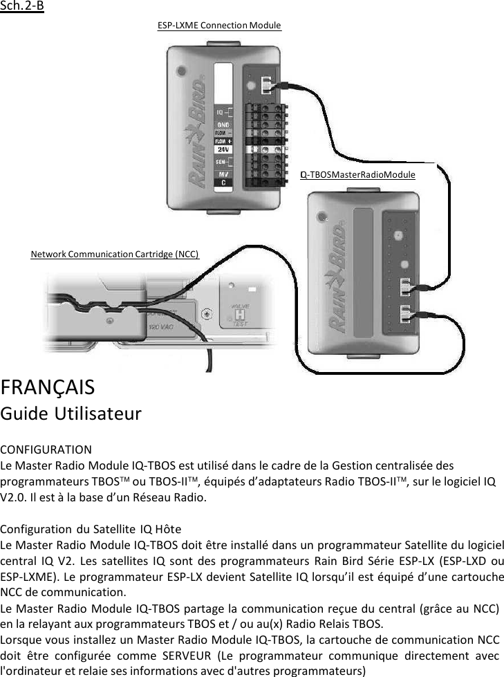  Sch. 2-B    ESP-LXME Connection Module          I Q-TBOS Master Radio Module      Network Communication Cartridge (NCC)         FRAN&Ccedil;AIS Guide Utilisateur  CONFIGURATION Le Master Radio Module IQ-TBOS est utilis&eacute; dans le cadre de la Gestion centralis&eacute;e des programmateurs TBOS ou TBOS-II, &eacute;quip&eacute;s d&rsquo;adaptateurs Radio TBOS-II, sur le logiciel IQ V2.0. Il est &agrave; la base d&rsquo;un R&eacute;seau Radio.  Configuration du Satellite IQ H&ocirc;te Le Master Radio Module IQ-TBOS doit &ecirc;tre install&eacute; dans un programmateur Satellite du logiciel central IQ V2. Les satellites IQ sont des programmateurs Rain Bird S&eacute;rie ESP-LX (ESP-LXD ou ESP-LXME). Le programmateur ESP-LX devient Satellite IQ lorsqu&rsquo;il est &eacute;quip&eacute; d&rsquo;une cartouche NCC de communication. Le Master Radio Module IQ-TBOS partage la communication re&ccedil;ue du central (gr&acirc;ce au NCC) en la relayant aux programmateurs TBOS et / ou au(x) Radio Relais TBOS. Lorsque vous installez un Master Radio Module IQ-TBOS, la cartouche de communication NCC doit &ecirc;tre configur&eacute;e comme SERVEUR (Le programmateur communique directement avec l'ordinateur et relaie ses informations avec d'autres programmateurs) 