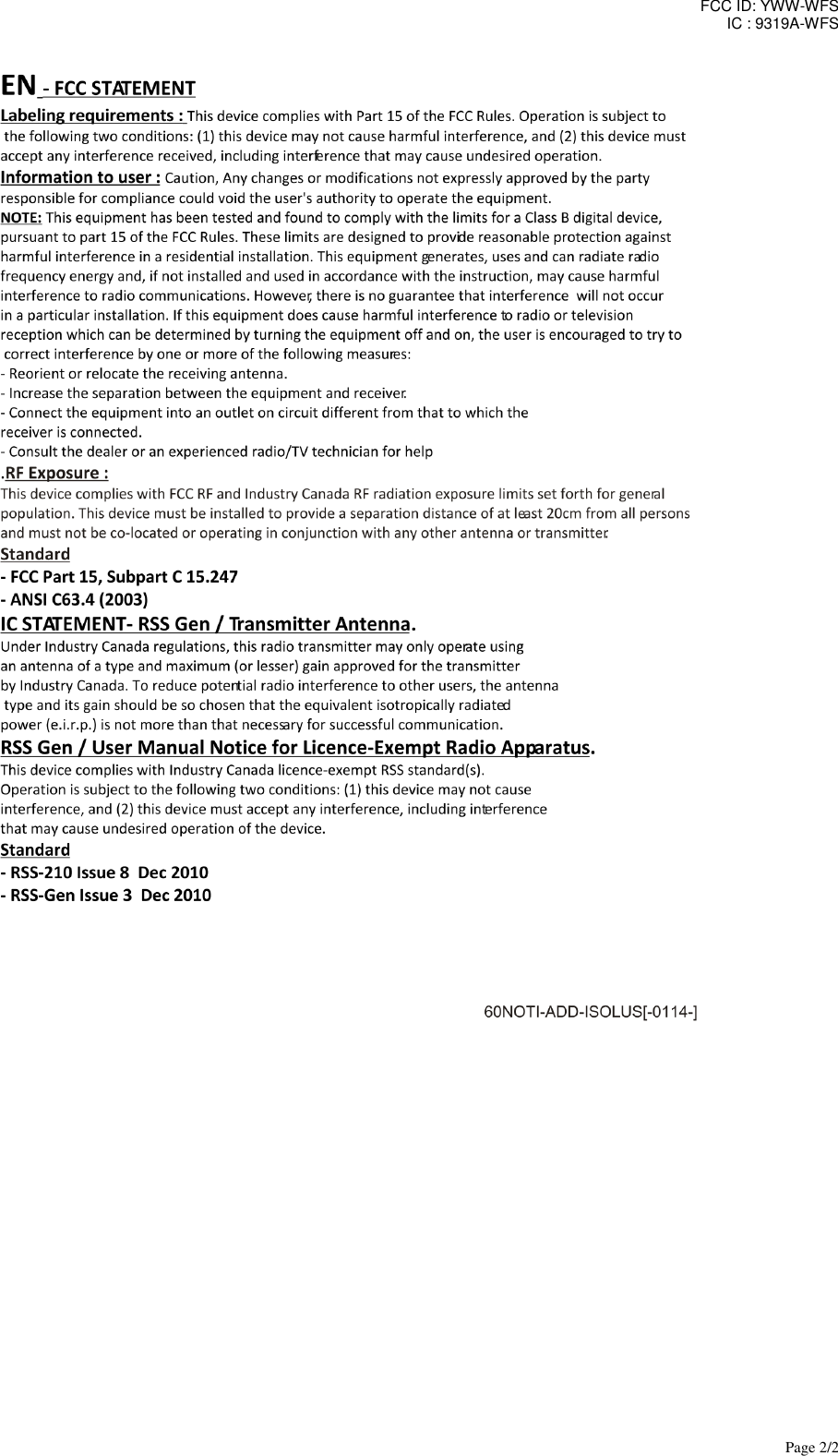 FCC ID: YWW-WFS IC : 9319A-WFS  Page 2/2   