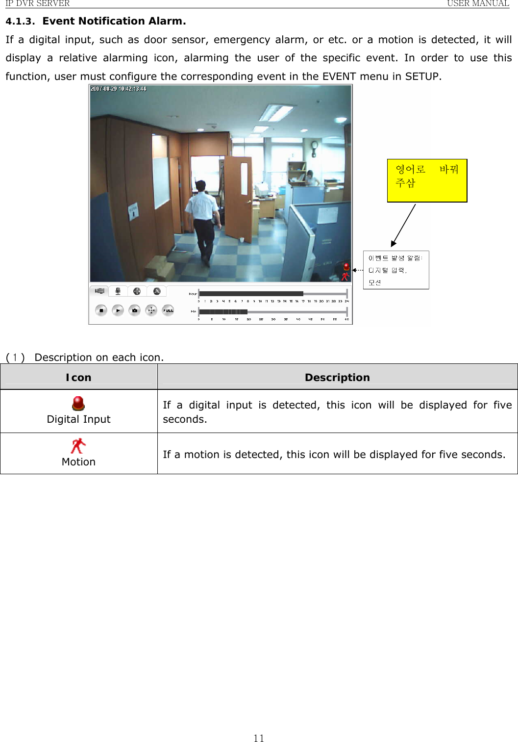 IP DVR SERVER                                                               USER MANUAL  114.1.3. Event Notification Alarm. If a digital input, such as door sensor, emergency alarm, or etc. or a motion is detected, it will display a relative alarming icon, alarming the user of the specific event. In order to use this function, user must configure the corresponding event in the EVENT menu in SETUP.   (１) Description on each icon. Icon  Description  Digital Input If a digital input is detected, this icon will be displayed for five seconds.  Motion  If a motion is detected, this icon will be displayed for five seconds.               영어로  바꿔주삼 