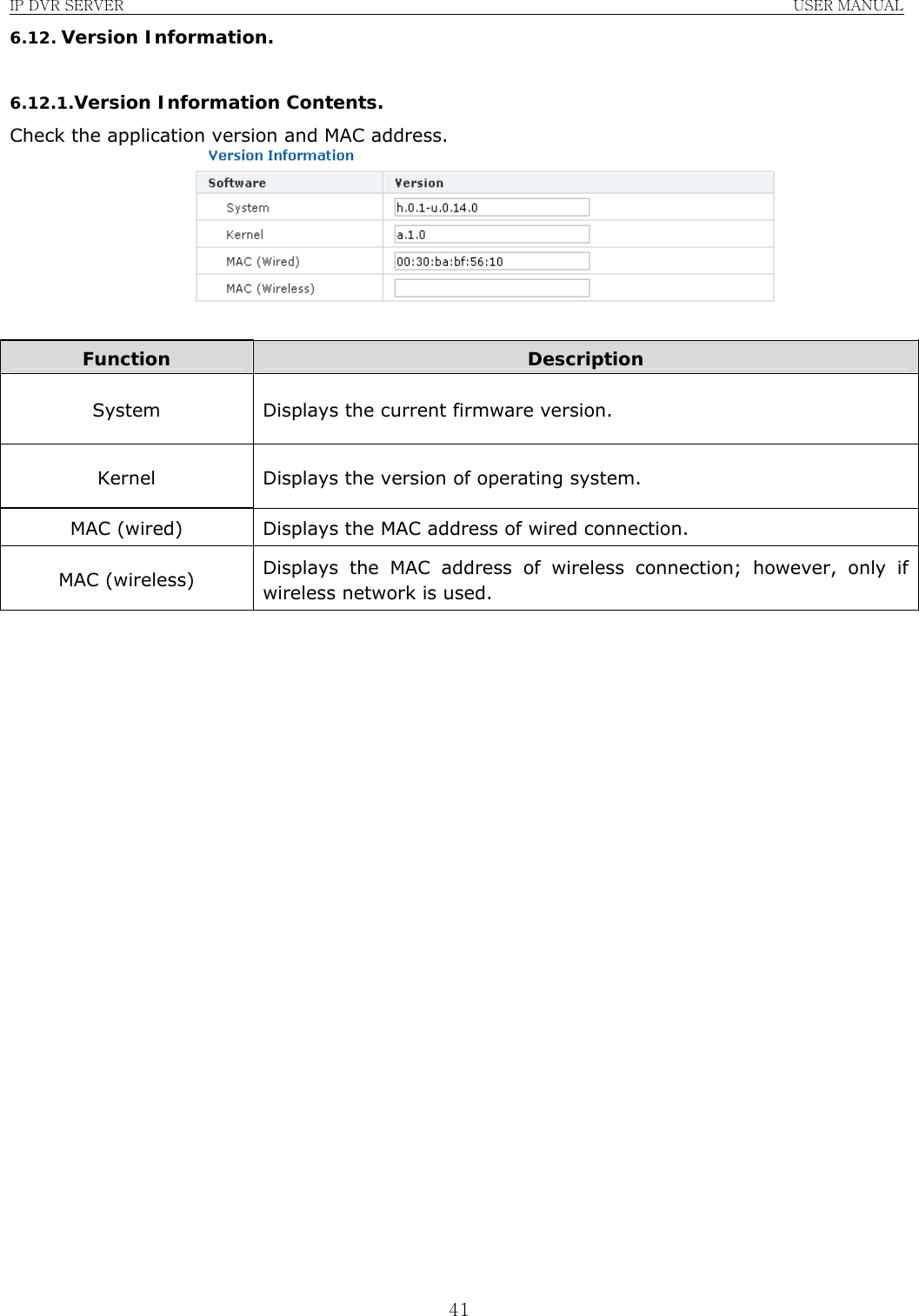 IP DVR SERVER                                                               USER MANUAL  416.12. Version Information.  6.12.1. Version Information Contents. Check the application version and MAC address.   Function  Description System  Displays the current firmware version. Kernel  Displays the version of operating system. MAC (wired)  Displays the MAC address of wired connection. MAC (wireless)  Displays the MAC address of wireless connection; however, only if wireless network is used.                      