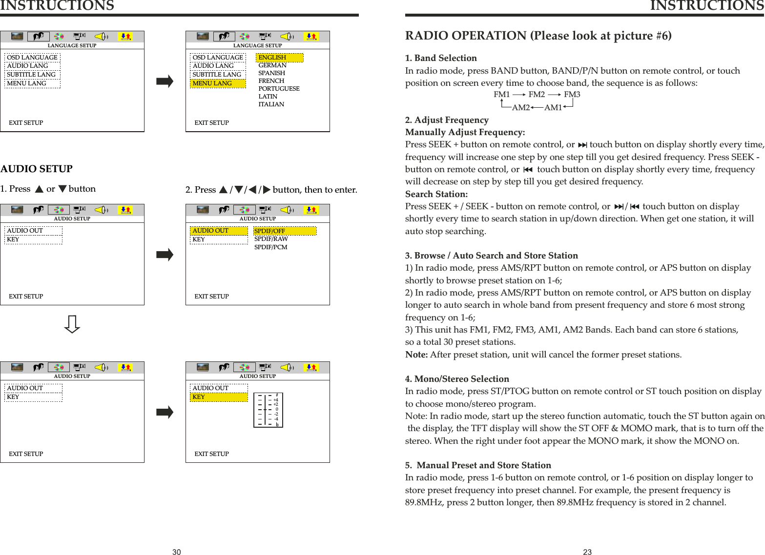 INSTRUCTIONS INSTRUCTIONS1. Press       or      button 2. Press      /     /     /     button, then to enter.EXIT SETUPOSD LANGUAGEAUDIO LANGSUBTITLE LANGMENU LANGEXIT SETUPOSD LANGUAGEAUDIO LANGSUBTITLE LANGMENU LANGENGLISHGERMANSPANISHFRENCHPORTUGUESELATINITALIANAUDIO SETUPEXIT SETUPAUDIO OUT AUDIO OUTAUDIO OUTKEY KEYEXIT SETUPSPDIF/OFFSPDIF/RAWSPDIF/PCMEXIT SETUP EXIT SETUPLANGUAGE SETUP LANGUAGE SETUPAUDIO SETUPAUDIO SETUPAUDIO SETUPAUDIO SETUPAUDIO OUTKEY KEY #+4+20-2-4FM1 FM2 FM3AM1AM21. Band SelectionIn radio mode, press BAND button, BAND/P/N button on remote control, or touch position on screen every time to choose band, the sequence is as follows:2. Adjust FrequencyManually Adjust Frequency:Press SEEK + button on remote control, or     touch button on display shortly every time,frequency will increase one step by one step till you get desired frequency. Press SEEKbutton on remote control, or      touch button on display shortly every time, frequency will decrease on step by step till you get desired frequency.Search Station:Press SEEK + / SEEK  button on remote control, or     /     touch button on displayshortly every time to search station in up/down direction. When get one station, it will auto stop searching.3. Browse / Auto Search and Store Station1) In radio mode, press AMS/RPT button on remote control, or APS button on display shortly to browse preset station on 1-6;2) In radio mode, press AMS/RPT button on remote control, or APS button on display longer to auto search in whole band from present frequency and store 6 most strong frequency on 1-6;3) This unit has FM1, FM2, FM3, AM1, AM2 Bands. Each band can store 6 stations, so a total 30 preset stations.Note: After preset station, unit will cancel the former preset stations.4. Mono/Stereo SelectionIn radio mode, press ST/PTOG button on remote control or ST touch position on display to choose mono/stereo program.Note: In radio mode, start up the stereo function automatic, touch the ST button again on the display, the TFT display will show the ST OFF &amp; MOMO mark, that is to turn off the stereo. When the right under foot appear the MONO mark, it show the MONO on.5.  Manual Preset and Store StationIn radio mode, press 1-6 button on remote control, or 1-6 position on display longer to store preset frequency into preset channel. For example, the present frequency is89.8MHz, press 2 button longer, then 89.8MHz frequency is stored in 2 channel. - -RADIO OPERATION (Please look at picture #6)