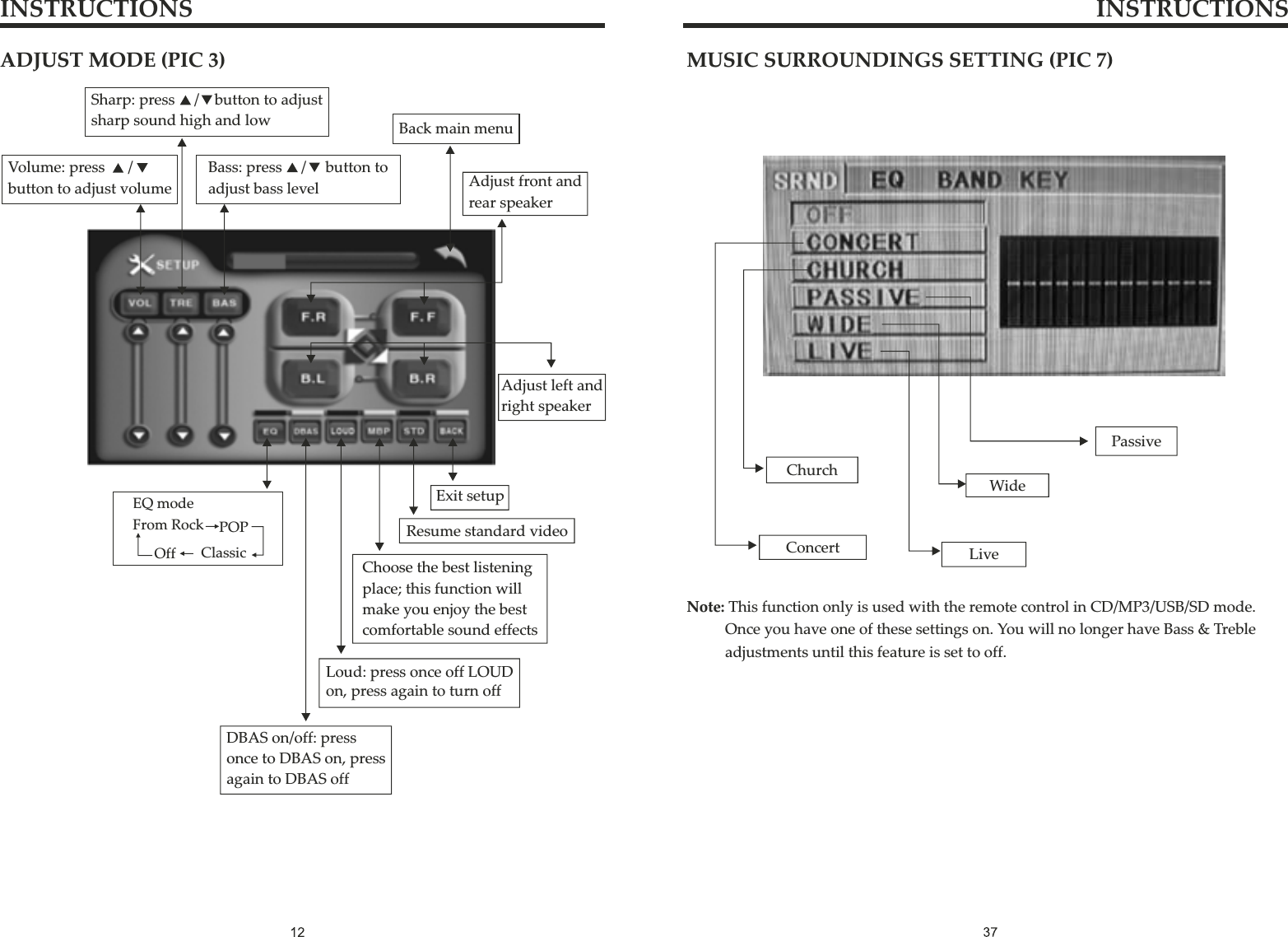 ADJUST MODE (PIC 3)Volume: press      /  button to adjust volumeSharp: press     /    button to adjust sharp sound high and lowBass: press     /     button to adjust bass levelBack main menuAdjust front and rear speakerAdjust left and right speakerEQ modeFrom Rock POPClassicOffDBAS on/off: press once to DBAS on, press again to DBAS off Loud: press once off LOUD on, press again to turn offChoose the best listening place; this function will make you enjoy the best comfortable sound effectsResume standard videoExit setupINSTRUCTIONS INSTRUCTIONSMUSIC SURROUNDINGS SETTING (PIC 7)ChurchConcertPassiveWideLiveNote: This function only is used with the remote control in CD/MP3/USB/SD mode.          Once you have one of these settings on. You will no longer have Bass &amp; Treble           adjustments until this feature is set to off. 