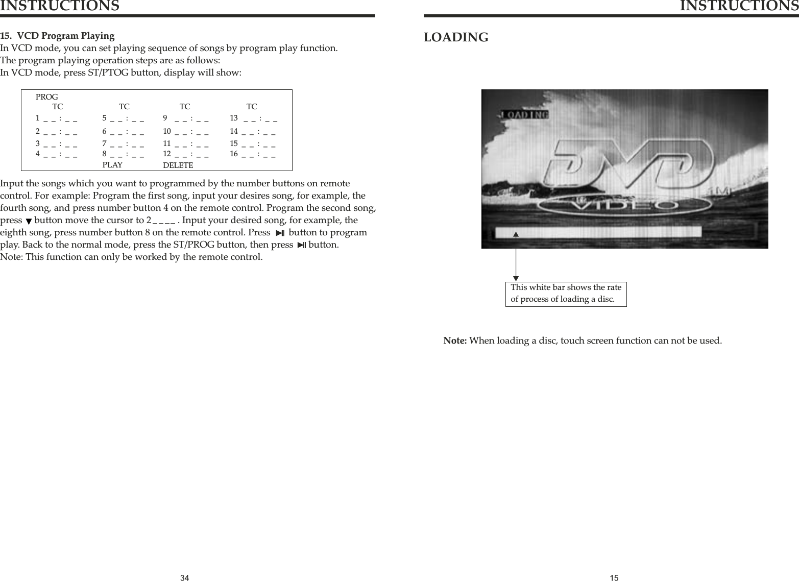 This white bar shows the rate of process of loading a disc.Note: When loading a disc, touch screen function can not be used.LOADINGINSTRUCTIONS INSTRUCTIONSPROGTC3__:__4__:__TC7__:__8__:__5__:__6__:__TC11__:__12__:__9__:__10__:__TC15__:__16__:__13__:__14__:__PLAY  DELETE1__:__2__:__15.  VCD Program PlayingIn VCD mode, you can set playing sequence of songs by program play function. The program playing operation steps are as follows:In VCD mode, press ST/PTOG button, display will show:Input the songs which you want to programmed by the number buttons on remote control. For example: Program the first song, input your desires song, for example, the fourth song, and press number button 4 on the remote control. Program the second song, press    button move the cursor to 2         . Input your desired song, for example, the eighth song, press number button 8 on the remote control. Press      button to program play. Back to the normal mode, press the ST/PROG button, then press     button.Note: This function can only be worked by the remote control.