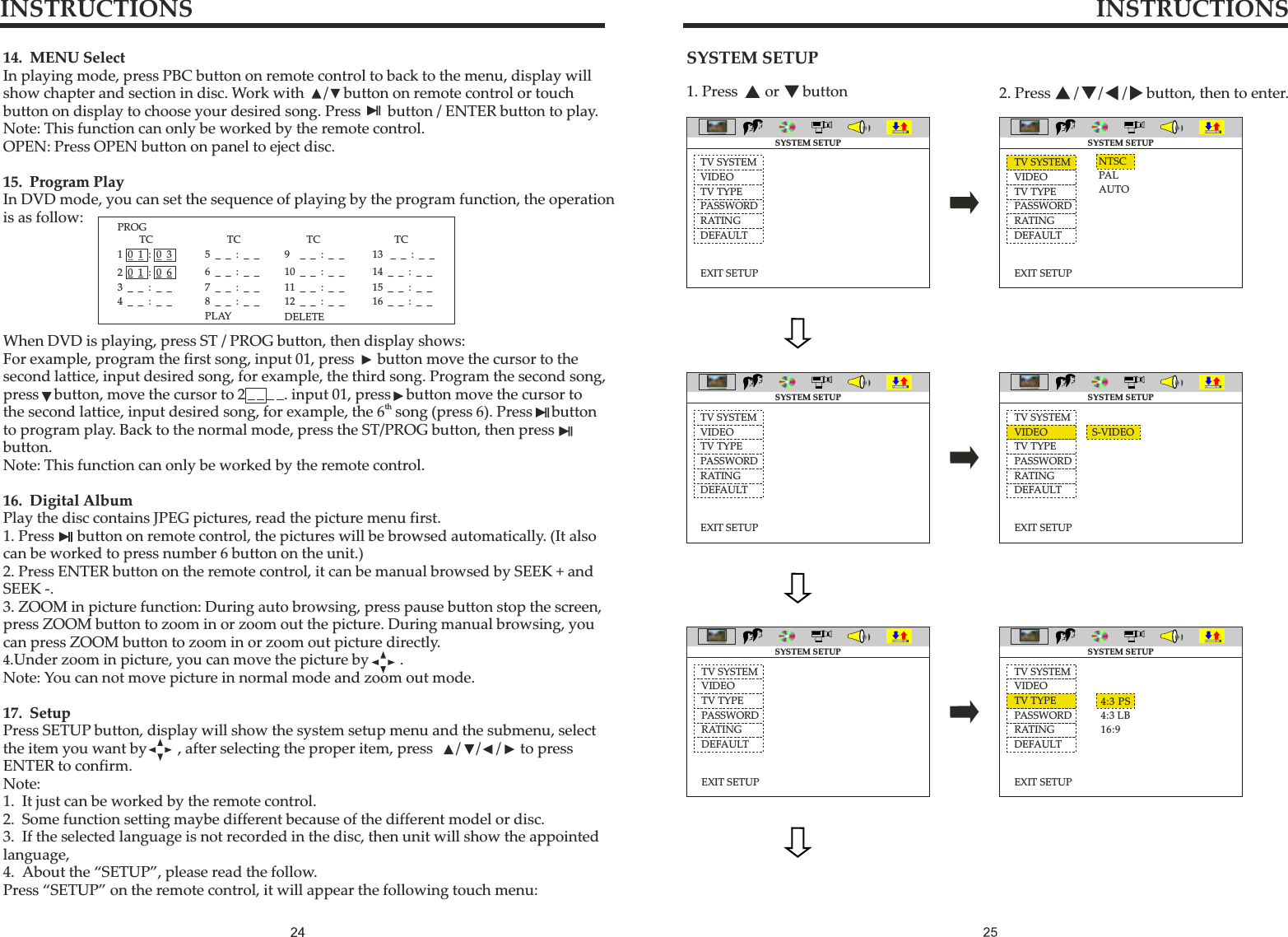 SYSTEM SETUP1. Press       or      button 2. Press      /     /     /     button, then to enter.TV SYSTEMTV TYPEPASSWORDRATINGDEFAULTEXIT SETUPSYSTEM SETUPVIDEONTSCPALAUTOTV SYSTEMTV TYPEPASSWORDRATINGDEFAULTEXIT SETUPSYSTEM SETUPVIDEOTV SYSTEMTV TYPEPASSWORDRATINGDEFAULTEXIT SETUPSYSTEM SETUPVIDEOTV SYSTEMTV TYPEPASSWORDRATINGDEFAULTEXIT SETUP4:3 PS4:3 LB16:9SYSTEM SETUPVIDEOTV SYSTEMTV TYPEPASSWORDRATINGDEFAULTEXIT SETUPSYSTEM SETUPVIDEOTV SYSTEMTV TYPEPASSWORDRATINGDEFAULTEXIT SETUPSYSTEM SETUPVIDEO S-VIDEOINSTRUCTIONS INSTRUCTIONS14. MENU SelectIn playing mode, press PBC button on remote control to back to the menu, display will show chapter and section in disc. Work with     /    button on remote control or touch button on display to choose your desired song. Press       button / ENTER button to play.Note: This function can only be worked by the remote control.OPEN: Press OPEN button on panel to eject disc.15. Program PlayIn DVD mode, you can set the sequence of playing by the program function, the operation is as follow:When DVD is playing, press ST / PROG button, then display shows:For example, program the first song, input 01, press      button move the cursor to the second lattice, input desired song, for example, the third song. Program the second song, press    button, move the cursor to 2          . input 01, press    button move the cursor to ththe second lattice, input desired song, for example, the 6  song (press 6). Press     button to program play. Back to the normal mode, press the ST/PROG button, then press    button.Note: This function can only be worked by the remote control.16. Digital AlbumPlay the disc contains JPEG pictures, read the picture menu first.1. Press      button on remote control, the pictures will be browsed automatically. (It also can be worked to press number 6 button on the unit.)2. Press ENTER button on the remote control, it can be manual browsed by SEEK + and SEEK -.3. ZOOM in picture function: During auto browsing, press pause button stop the screen, press ZOOM button to zoom in or zoom out the picture. During manual browsing, you can press ZOOM button to zoom in or zoom out picture directly.4.Under zoom in picture, you can move the picture by        . Note: You can not move picture in normal mode and zoom out mode.17. SetupPress SETUP button, display will show the system setup menu and the submenu, select the item you want by        , after selecting the proper item, press      /    /    /     to press ENTER to confirm.Note:1. It just can be worked by the remote control.2. Some function setting maybe different because of the different model or disc.3. If the selected language is not recorded in the disc, then unit will show the appointed language,4. About the “SETUP”, please read the follow.Press “SETUP” on the remote control, it will appear the following touch menu:PROGTC101:03201:063__:__4__:__TC7__:__8__:__5__:__6__:__TC11__:__12__:__9__:__10__:__TC15__:__16__:__13__:__14__:__PLAY  DELETE