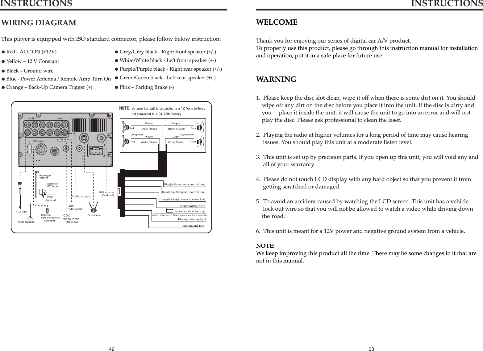 WELCOMETo properly use this product, please go through this instruction manual for installation and operation, put it in a safe place for future use!WARNINGNOTE: We keep improving this product all the time. There may be some changes in it that are not in this manual.Thank you for enjoying our series of digital car A/V product.1.  Please keep the disc slot clean, wipe it off when there is some dirt on it. You should     wipe off any dirt on the disc before you place it into the unit. If the disc is dirty and     you     place it inside the unit, it will cause the unit to go into an error and will not     play the disc. Please ask professional to clean the laser.2.  Playing the radio at higher volumes for a long period of time may cause hearing    issues. You should play this unit at a moderate listen level. 3.  This unit is set up by precision parts. If you open up this unit, you will void any and    all of your warranty.4.  Please do not touch LCD display with any hard object so that you prevent it from     getting scratched or damaged.5.  To avoid an accident caused by watching the LCD screen. This unit has a vehicle     lock out wire so that you will not be allowed to watch a video while driving down     the road.6.  This unit is meant for a 12V power and negative ground system from a vehicle.INSTRUCTIONS INSTRUCTIONSWIRING DIAGRAMThis player is equipped with ISO standard connector, please follow below instruction:● Yellow – 12 V Constant● Black – Ground wire● Blue - Power Antenna / Remote Amp Turn On● Orange – Back-Up Camera Trigger (+) ● Pink – Parking Brake (-)● White/White black - Left front speaker (+-)● Purple/Purple black - Right rear speaker (+/-)● Green/Green black - Left rear speaker (+/-)● Red - ACC ON (+12V) ● Grey/Grey black - Right front speaker (+/-)