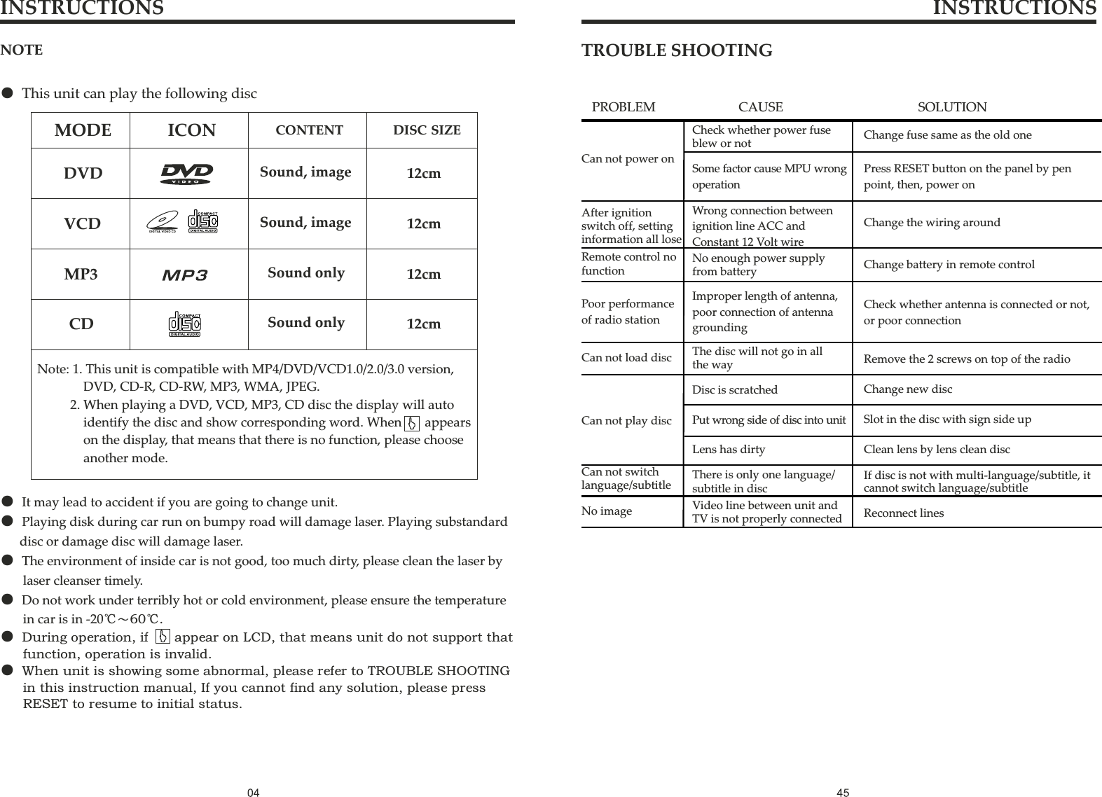 INSTRUCTIONS INSTRUCTIONSNOTE● This unit can play the following discNote: 1. This unit is compatible with MP4/DVD/VCD1.0/2.0/3.0 version,       DVD, CD-R, CD-RW, MP3, WMA, JPEG.     2. When playing a DVD, VCD, MP3, CD disc the display will auto        identify the disc and show corresponding word. When    appears        on the display, that means that there is no function, please choose        another mode. MODEDVDVCDMP3CDICON CONTENT DISC SIZESound,imageSound,imageSoundonlySoundonly12cm12cm12cm12cm● It may lead to accident if you are going to change unit.● Playing disk during car run on bumpy road will damage laser. Playing substandard       disc or damage disc will damage laser.● The environment of inside car is not good, too much dirty, please clean the laser by        laser cleanser timely.● Do not work under terribly hot or cold environment, please ensure the temperature        in car is in -20℃～60℃.● During operation, if        appear on LCD, that means unit do not support that       function, operation is invalid.● When unit is showing some abnormal, please refer to TROUBLE SHOOTING        in this instruction manual, If you cannot find any solution, please press        RESET to resume to initial status.TROUBLE SHOOTINGAfter ignition switch off, setting information all loseRemote control no functionPoor performance of radio stationCan not load discCan not play discCan not switch language/subtitleNo imagePROBLEMCan not power on CAUSECheck whether power fuse blew or notSome factor cause MPU wrong operationNo enough power supply from batteryDisc is scratchedPut wrong side of disc into unitLens has dirtyThere is only one language/subtitle in discVideo line between unit and TV is not properly connectedSOLUTIONChange fuse same as the old onePress RESET button on the panel by pen point, then, power onCheck whether antenna is connected or not, or poor connectionChange new discSlot in the disc with sign side upClean lens by lens clean discIf disc is not with multi-language/subtitle, it cannot switch language/subtitleReconnect linesImproper length of antenna, poor connection of antenna groundingThe disc will not go in all the wayChange the wiring aroundChange battery in remote controlRemove the 2 screws on top of the radioWrong connection between ignition line ACC and Constant 12 Volt wire