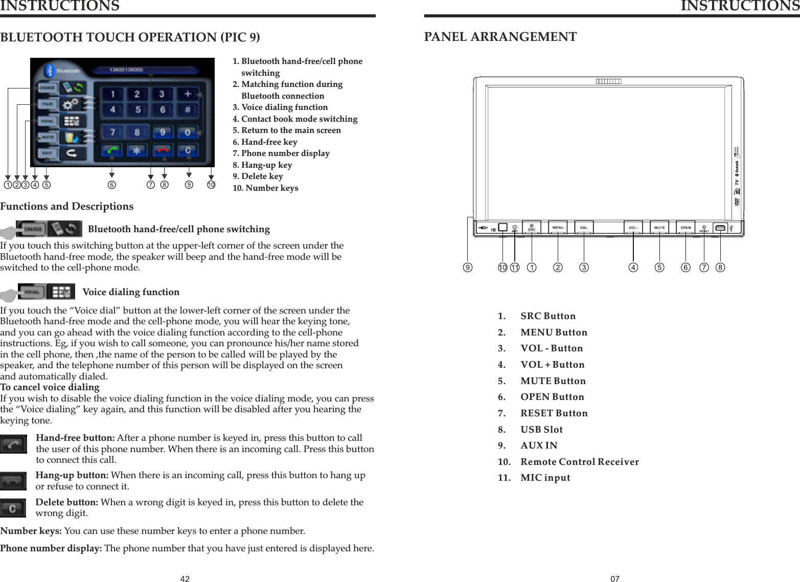 PANEL ARRANGEMENTINSTRUCTIONS INSTRUCTIONS1. SRC Button2. MENU Button3. VOL - Button4. VOL + Button5. MUTE Button6. OPEN Button7. RESET Button8. USB Slot9. AUX IN10. Remote Control Receiver11. MIC inputBLUETOOTH TOUCH OPERATION (PIC 9) 1. Bluetooth hand-free/cell phone     switching2. Matching function during     Bluetooth connection3. Voice dialing function4. Contact book mode switching5. Return to the main screen6. Hand-free key7. Phone number display8. Hang-up key9. Delete key10. Number keysFunctions and DescriptionsIf you touch this switching button at the upper-left corner of the screen under the Bluetooth hand-free mode, the speaker will beep and the hand-free mode will be switched to the cell-phone mode.Bluetooth hand-free/cell phone switchingIf you touch the “Voice dial” button at the lower-left corner of the screen under the Bluetooth hand-free mode and the cell-phone mode, you will hear the keying tone, and you can go ahead with the voice dialing function according to the cell-phone instructions. Eg, if you wish to call someone, you can pronounce his/her name stored in the cell phone, then ,the name of the person to be called will be played by the speaker, and the telephone number of this person will be displayed on the screen and automatically dialed.To cancel voice dialingIf you wish to disable the voice dialing function in the voice dialing mode, you can press the “Voice dialing” key again, and this function will be disabled after you hearing the keying tone.Voice dialing functionHand-free button: After a phone number is keyed in, press this button to call the user of this phone number. When there is an incoming call. Press this button to connect this call.Delete button: When a wrong digit is keyed in, press this button to delete the wrong digit.Hang-up button: When there is an incoming call, press this button to hang up or refuse to connect it.Number keys: You can use these number keys to enter a phone number.Phone number display: The phone number that you have just entered is displayed here.