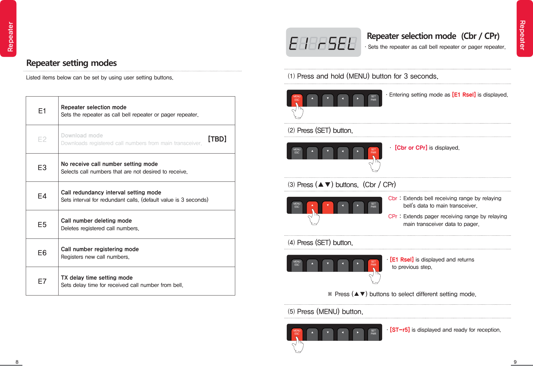 8 9RepeaterRepeaterRepeater selection mode  (Cbr / CPr)&middot;Sets the repeater as call bell repeater or pager repeater.&middot;Entering setting mode as [E1 Rsel] is displayed.&middot;[E1 Rsel] is displayed and returns     to previous step.&middot;[ST-r5] is displayed and ready for reception.⑴ Press and hold (MENU) button for 3 seconds.⑵ Press (SET) button. ⑶ Press (▲▼) buttons.  (Cbr / CPr)⑷ Press (SET) button. ⑸ Press (MENU) button.MENUESC ▲◀              ▶ SETPWR▼MENUESC ▲◀              ▶ SETPWR▼MENUESC ▲◀              ▶ SETPWR▼MENUESC ▲◀              ▶ SETPWR▼MENUESC ▲◀              ▶ SETPWR▼※ Press (▲▼) buttons to select different setting mode.Cbr : Extends bell receiving range by relaying           bell's data to main transceiver.CPr : Extends pager receiving range by relaying         main transceiver data to pager.&middot; [Cbr or CPr] is displayed.Repeater setting modesListed items below can be set by using user setting buttons.E1Repeater selection mode Sets the repeater as call bell repeater or pager repeater.E2Download modeDownloads registered call numbers from main transceiver.E3No receive call number setting modeSelects call numbers that are not desired to receive.E4Call redundancy interval setting modeSets interval for redundant calls. (default value is 3 seconds)E5Call number deleting modeDeletes registered call numbers.E6Call number registering modeRegisters new call numbers.E7TX delay time setting modeSets delay time for received call number from bell.[TBD]