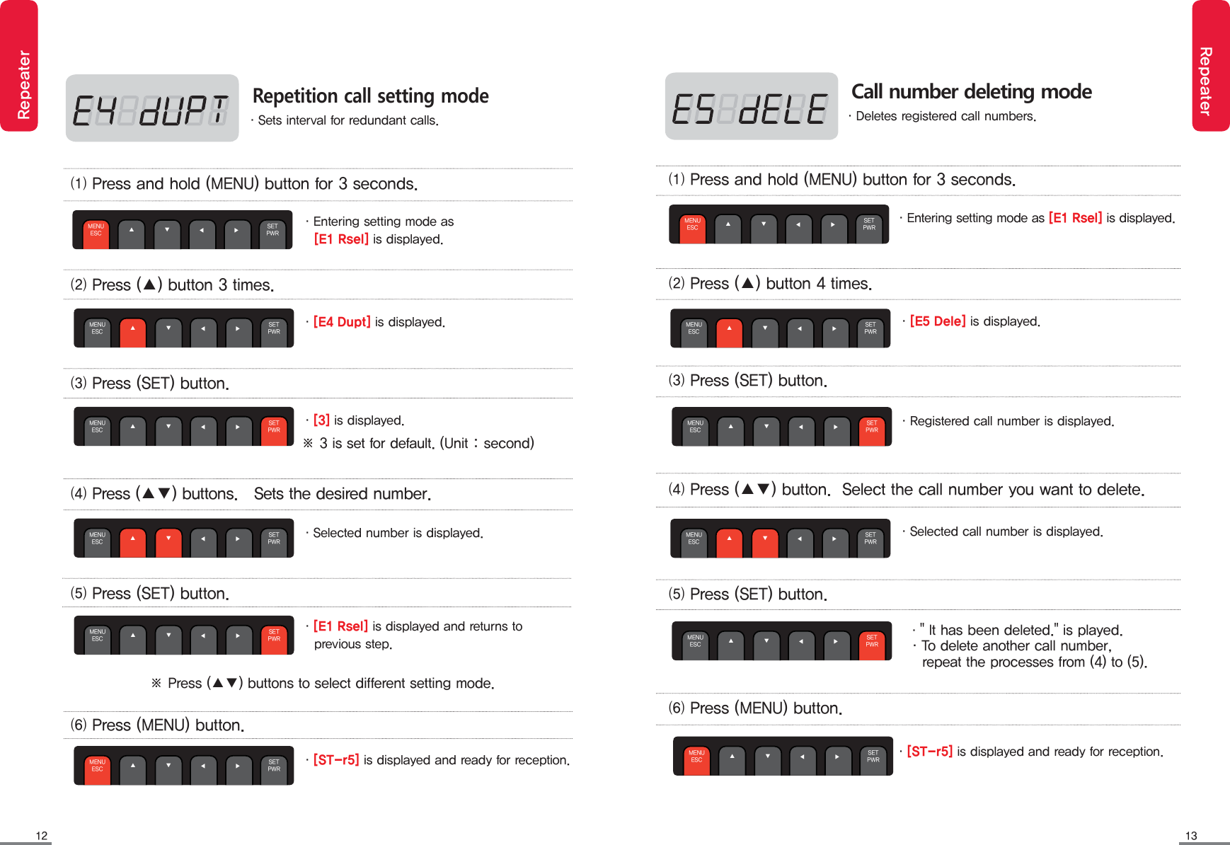 12 13RepeaterRepeater&middot;" It has been deleted." is played.&middot;To delete another call number,    repeat the processes from (4) to (5).⑸ Press (SET) button.⑹ Press (MENU) button.MENUESC ▲◀              ▶ SETPWR▼MENUESC ▲◀              ▶ SETPWR▼⑷ Press (▲▼) button.  Select the call number you want to delete.MENUESC ▲◀              ▶ SETPWR▼MENUESC ▲◀              ▶ SETPWR▼Call number deleting mode&middot;Deletes registered call numbers.&middot;[E5 Dele] is displayed.⑵ Press (▲) button 4 times. ⑶ Press (SET) button. MENUESC ▲◀              ▶ SETPWR▼&middot;Entering setting mode as [E1 Rsel] is displayed.⑴ Press and hold (MENU) button for 3 seconds.MENUESC ▲◀              ▶ SETPWR▼&middot;Registered call number is displayed.&middot;Selected call number is displayed.&middot;[ST-r5] is displayed and ready for reception.⑸ Press (SET) button.⑹ Press (MENU) button.MENUESC ▲◀              ▶ SETPWR▼MENUESC ▲◀              ▶ SETPWR▼Repetition call setting mode&middot;Sets interval for redundant calls.&middot;[E4 Dupt] is displayed.&middot;[3] is displayed. &middot;Selected number is displayed.⑵ Press (▲) button 3 times. ⑶ Press (SET) button. ⑷ Press (▲▼) buttons.   Sets the desired number.MENUESC ▲◀              ▶ SETPWR▼MENUESC ▲◀              ▶ SETPWR▼MENUESC ▲◀              ▶ SETPWR▼&middot;Entering setting mode as    [E1 Rsel] is displayed.⑴ Press and hold (MENU) button for 3 seconds.MENUESC ▲◀              ▶ SETPWR▼&middot;[ST-r5] is displayed and ready for reception.※ Press (▲▼) buttons to select different setting mode.&middot;[E1 Rsel] is displayed and returns to    previous step.※ 3 is set for default. (Unit : second)