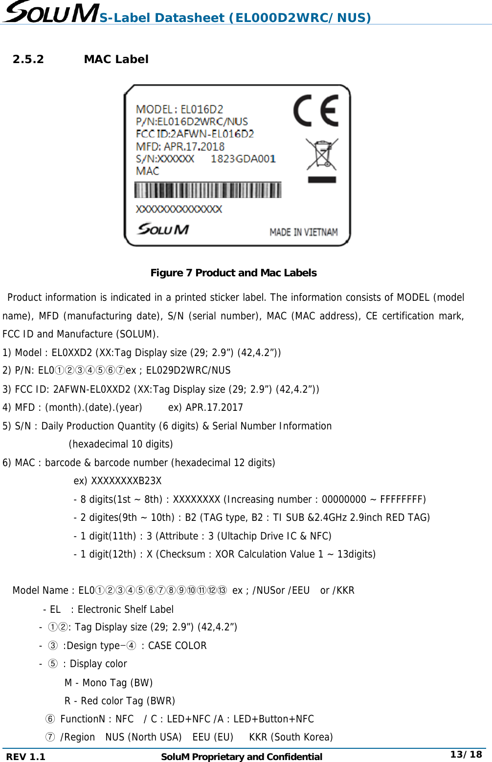 S-Label Datasheet (EL000D2WRC/NUS) REV 1.1  SoluM Proprietary and Confidential  13/18  2.5.2 MAC Label  Figure 7 Product and Mac Labels  Product information is indicated in a printed sticker label. The information consists of MODEL (model name), MFD (manufacturing date), S/N (serial number), MAC (MAC address), CE certification mark, FCC ID and Manufacture (SOLUM). 1) Model : EL0XXD2 (XX:Tag Display size (29; 2.9”) (42,4.2”)) 2) P/N: EL0①②③④⑤⑥⑦ex ; EL029D2WRC/NUS 3) FCC ID: 2AFWN-EL0XXD2 (XX:Tag Display size (29; 2.9”) (42,4.2”)) 4) MFD : (month).(date).(year)     ex) APR.17.2017 5) S/N : Daily Production Quantity (6 digits) &amp; Serial Number Information              (hexadecimal 10 digits) 6) MAC : barcode &amp; barcode number (hexadecimal 12 digits)               ex) XXXXXXXXB23X                - 8 digits(1st ~ 8th) : XXXXXXXX (Increasing number : 00000000 ~ FFFFFFFF)                - 2 digites(9th ~ 10th) : B2 (TAG type, B2 : TI SUB &amp;2.4GHz 2.9inch RED TAG)                - 1 digit(11th) : 3 (Attribute : 3 (Ultachip Drive IC &amp; NFC)                - 1 digit(12th) : X (Checksum : XOR Calculation Value 1 ~ 13digits)  Model Name : EL0①②③④⑤⑥⑦⑧⑨⑩⑪⑫⑬  ex ; /NUSor /EEU  or /KKR - EL  : Electronic Shelf Label - ①②: Tag Display size (29; 2.9”) (42,4.2”) - ③ :Design type-④ : CASE COLOR - ⑤ : Display color M - Mono Tag (BW) R - Red color Tag (BWR) ⑥ FunctionN : NFC  / C : LED+NFC /A : LED+Button+NFC ⑦ /Region  NUS (North USA)  EEU (EU)   KKR (South Korea) 