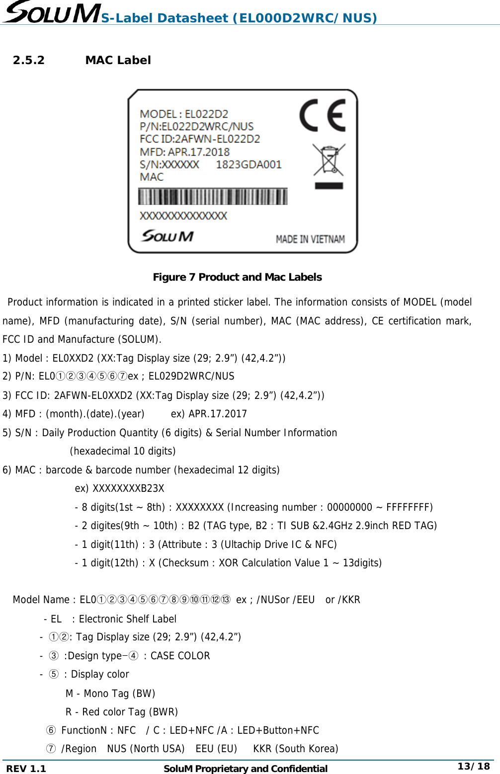 S-Label Datasheet (EL000D2WRC/NUS) REV 1.1  SoluM Proprietary and Confidential  13/18  2.5.2 MAC Label  Figure 7 Product and Mac Labels  Product information is indicated in a printed sticker label. The information consists of MODEL (model name), MFD (manufacturing date), S/N (serial number), MAC (MAC address), CE certification mark, FCC ID and Manufacture (SOLUM). 1) Model : EL0XXD2 (XX:Tag Display size (29; 2.9”) (42,4.2”)) 2) P/N: EL0①②③④⑤⑥⑦ex ; EL029D2WRC/NUS 3) FCC ID: 2AFWN-EL0XXD2 (XX:Tag Display size (29; 2.9”) (42,4.2”)) 4) MFD : (month).(date).(year)     ex) APR.17.2017 5) S/N : Daily Production Quantity (6 digits) &amp; Serial Number Information              (hexadecimal 10 digits) 6) MAC : barcode &amp; barcode number (hexadecimal 12 digits)               ex) XXXXXXXXB23X                - 8 digits(1st ~ 8th) : XXXXXXXX (Increasing number : 00000000 ~ FFFFFFFF)                - 2 digites(9th ~ 10th) : B2 (TAG type, B2 : TI SUB &amp;2.4GHz 2.9inch RED TAG)                - 1 digit(11th) : 3 (Attribute : 3 (Ultachip Drive IC &amp; NFC)                - 1 digit(12th) : X (Checksum : XOR Calculation Value 1 ~ 13digits)  Model Name : EL0①②③④⑤⑥⑦⑧⑨⑩⑪⑫⑬  ex ; /NUSor /EEU  or /KKR - EL  : Electronic Shelf Label - ①②: Tag Display size (29; 2.9”) (42,4.2”) - ③ :Design type-④ : CASE COLOR - ⑤ : Display color M - Mono Tag (BW) R - Red color Tag (BWR) ⑥ FunctionN : NFC  / C : LED+NFC /A : LED+Button+NFC ⑦ /Region  NUS (North USA)  EEU (EU)   KKR (South Korea) 