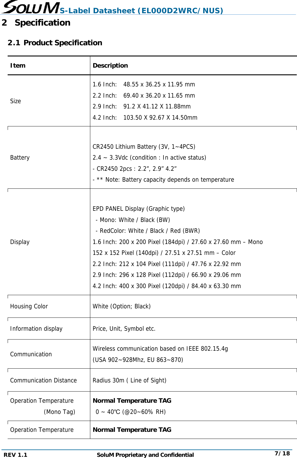 S-Label Datasheet (EL000D2WRC/NUS) REV 1.1  SoluM Proprietary and Confidential  7/18 2 Specification 2.1 Product Specification Item Description Size 1.6 Inch:  48.55 x 36.25 x 11.95 mm 2.2 Inch:  69.40 x 36.20 x 11.65 mm 2.9 Inch:  91.2 X 41.12 X 11.88mm 4.2 Inch:  103.50 X 92.67 X 14.50mm Battery  CR2450 Lithium Battery (3V, 1~4PCS) 2.4 ~ 3.3Vdc (condition : In active status) - CR2450 2pcs : 2.2”, 2.9” 4.2” - ** Note: Battery capacity depends on temperature Display  EPD PANEL Display (Graphic type) - Mono: White / Black (BW) - RedColor: White / Black / Red (BWR) 1.6 Inch: 200 x 200 Pixel (184dpi) / 27.60 x 27.60 mm – Mono 152 x 152 Pixel (140dpi) / 27.51 x 27.51 mm – Color 2.2 Inch: 212 x 104 Pixel (111dpi) / 47.76 x 22.92 mm 2.9 Inch: 296 x 128 Pixel (112dpi) / 66.90 x 29.06 mm 4.2 Inch: 400 x 300 Pixel (120dpi) / 84.40 x 63.30 mm Housing Color  White (Option; Black) Information display  Price, Unit, Symbol etc. Communication  Wireless communication based on IEEE 802.15.4g (USA 902~928Mhz, EU 863~870) Communication Distance  Radius 30m ( Line of Sight) Operation Temperature (Mono Tag) Normal Temperature TAG 0 ~ 40℃ (@20~60% RH) Operation Temperature  Normal Temperature TAG 