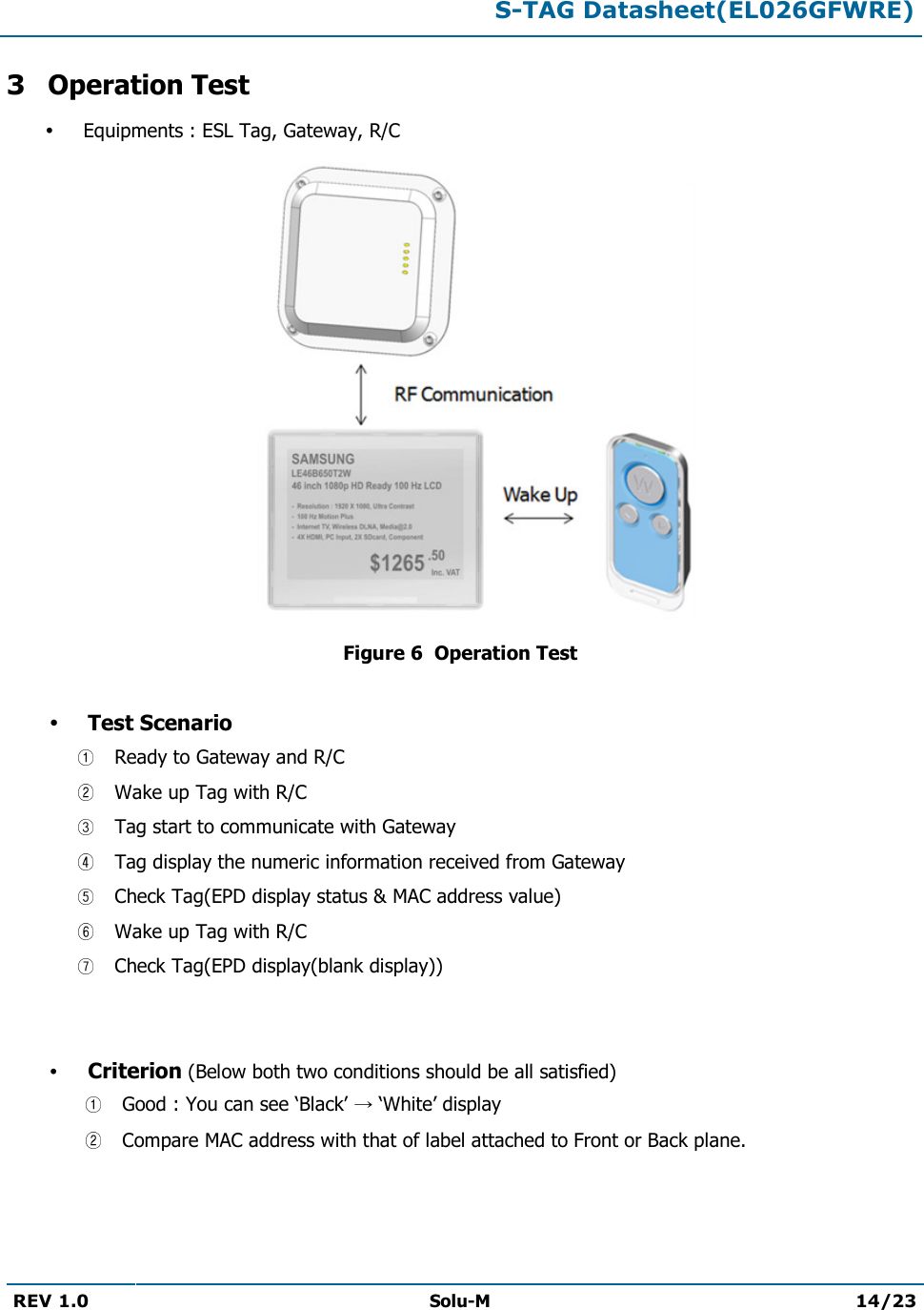  S-TAG Datasheet(EL026GFWRE)  REV 1.0  Solu-M 14/23   3 Operation Test  Equipments : ESL Tag, Gateway, R/C  Figure 6  Operation Test   Test Scenario  Ready to Gateway and R/C  Wake up Tag with R/C  Tag start to communicate with Gateway   Tag display the numeric information received from Gateway  Check Tag(EPD display status &amp; MAC address value)  Wake up Tag with R/C  Check Tag(EPD display(blank display))    Criterion (Below both two conditions should be all satisfied)  Good : You can see ‘Black’   ‘White’ display  Compare MAC address with that of label attached to Front or Back plane.    