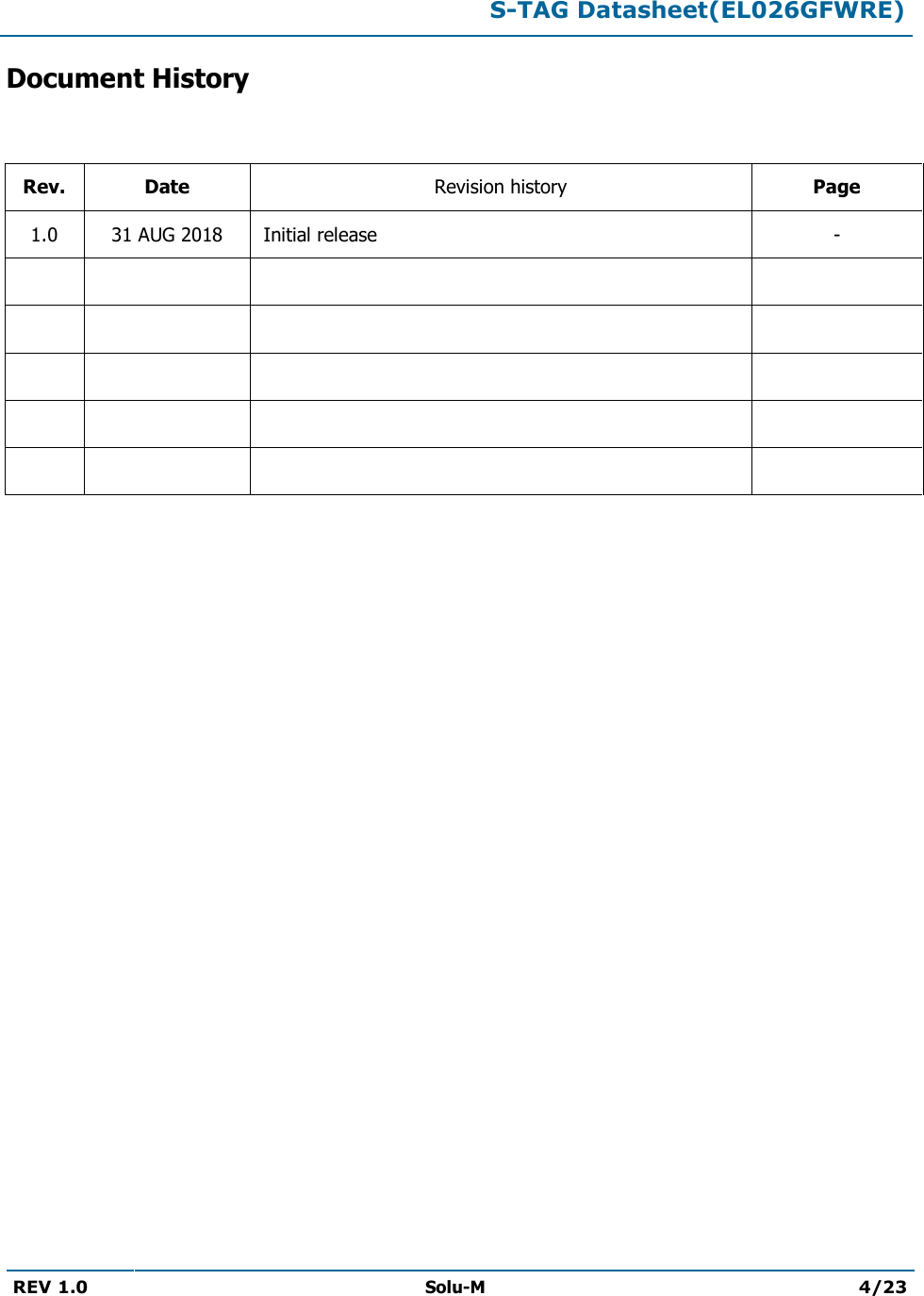  S-TAG Datasheet(EL026GFWRE)  REV 1.0  Solu-M 4/23   Document History   Rev.  Date  Revision history  Page 1.0  31 AUG 2018    Initial release   -                                     