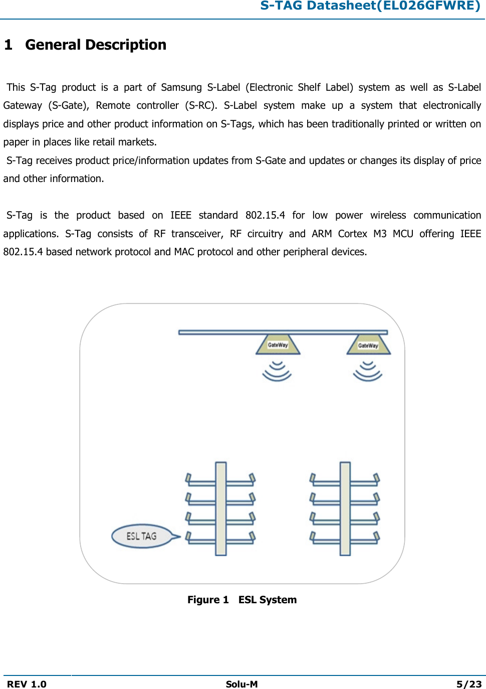  S-TAG Datasheet(EL026GFWRE)  REV 1.0  Solu-M 5/23   1 General Description   This  S-Tag  product  is  a  part  of  Samsung  S-Label  (Electronic  Shelf  Label)  system  as  well  as  S-Label Gateway  (S-Gate),  Remote  controller  (S-RC).  S-Label  system  make  up  a  system  that  electronically displays price and other product information on S-Tags, which has been traditionally printed or written on paper in places like retail markets.  S-Tag receives product price/information updates from S-Gate and updates or changes its display of price and other information.   S-Tag  is  the  product  based  on  IEEE  standard  802.15.4  for  low  power  wireless  communication applications.  S-Tag  consists  of  RF  transceiver,  RF  circuitry  and  ARM  Cortex  M3  MCU  offering  IEEE 802.15.4 based network protocol and MAC protocol and other peripheral devices.    Figure 1   ESL System 