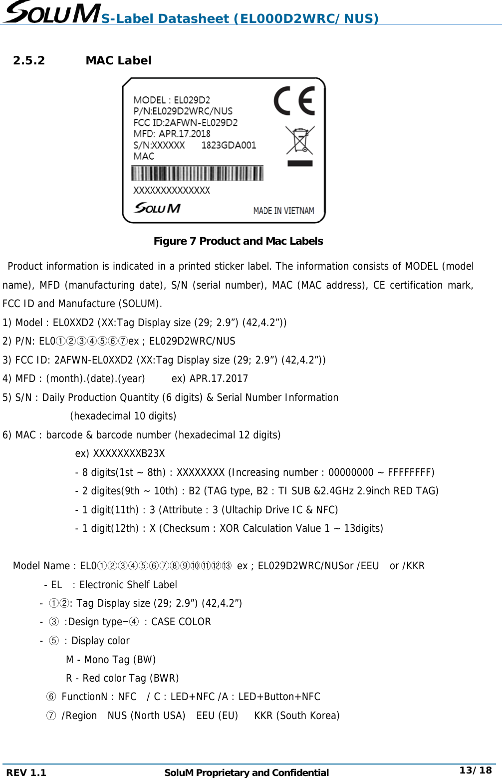 REV 1.  2.5.2 Productname), MFCC ID a1) Mode2) P/N: E3) FCC I4) MFD :5) S/N :         6) MAC :                                         Model --- 1 2 Mt informationMFD (manufand Manufacl : EL0XXD2 EL0①②③④D: 2AFWN-E: (month).(dDaily Produc     (hexad: barcode &amp;       ex) X      - 8 d      - 2 d      - 1 d      - 1 dName : EL0- EL  : Elec- ①②: Tag - ③ :Design- ⑤ : DisplaM - MoR - Red⑥ Function⑦ /RegionS-LabelAC Label n is indicatedfacturing datcture (SOLUM(XX:Tag Dis④⑤⑥⑦ex ; EEL0XXD2 (XXate).(year)  ction Quantitdecimal 10 dbarcode numXXXXXXXXB2igits(1st ~ 8igites(9th ~ igit(11th) : 3igit(12th) : X0①②③④⑤⑥ctronic Shelf Display size n type-④ : Cay color ono Tag (BWd color Tag (nN : NFC  / n  NUS (Nortl DatasheSoluM ProFigure 7 Prd in a printedte), S/N (serM). play size (29EL029D2WRCX:Tag Display   ex) APRty (6 digits) &amp;digits) mber (hexade23X 8th) : XXXXXX10th) : B2 (T3 (Attribute :X (Checksum⑥⑦⑧⑨⑩⑪Label (29; 2.9”) (4CASE COLORW) (BWR) C : LED+NFth USA)  EE eet (EL0oprietary androduct and d sticker laberial number)9; 2.9”) (42,4C/NUS y size (29; 2.R.17.2017 &amp; Serial Numecimal 12 digXXX (IncreasTAG type, B2 3 (Ultachip m : XOR Calcu⑪⑫⑬  ex ; E42,4.2”) R FC /A : LED+U (EU)   KK000D2WRd ConfidentiMac Labelsel. The inform, MAC (MAC4.2”)) 9”) (42,4.2”)mber Informagits) sing number 2 : TI SUB &amp;Drive IC &amp; Nulation ValueL029D2WRCButton+NFCKR (South KoRC/NUS)ial  s mation consiC address), C)) ation : 00000000 &amp;2.4GHz 2.9inNFC) e 1 ~ 13digitsC/NUSor /EEUC orea) ) sts of MODECE certificati~ FFFFFFFFnch RED TAGs) U  or /KKR 13/18EL (model on mark, ) G) 8