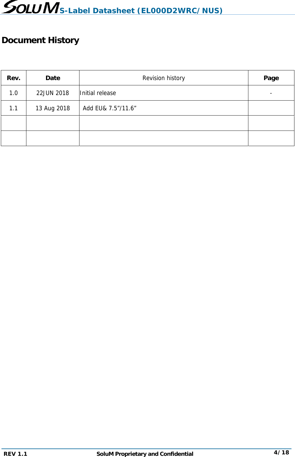 S-Label Datasheet (EL000D2WRC/NUS) REV 1.1  SoluM Proprietary and Confidential  4/18  Document History   Rev. Date  Revision history  Page 1.0  22JUN 2018  Initial release   - 1.1  13 Aug 2018  Add EU&amp; 7.5”/11.6”              