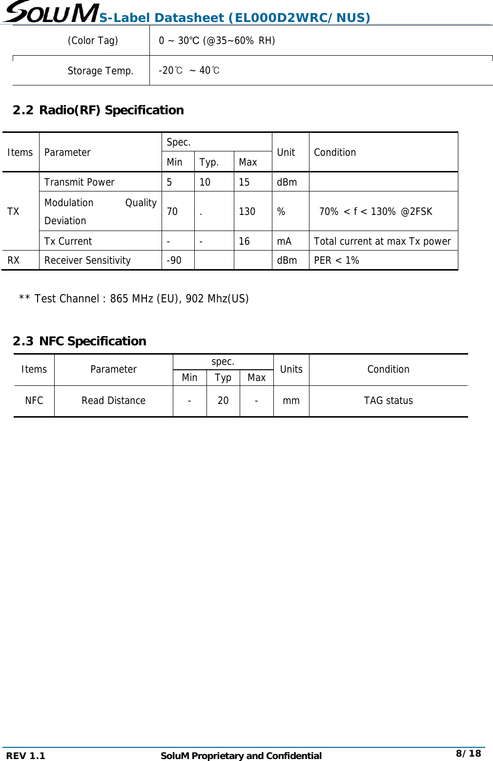 S-Label Datasheet (EL000D2WRC/NUS) REV 1.1  SoluM Proprietary and Confidential  8/18 (Color Tag)  0 ~ 30℃ (@35~60% RH) Storage Temp.  -20℃ ~ 40℃ 2.2 Radio(RF) Specification Items Parameter  Spec.  Unit Condition Min Typ.  Max TX Transmit Power  5  10  15  dBm    Modulation Quality Deviation  70  .  130  %   70% &lt; f &lt; 130% @2FSK Tx Current  -  -  16  mA  Total current at max Tx powerRX Receiver Sensitivity  -90      dBm  PER &lt; 1%     ** Test Channel : 865 MHz (EU), 902 Mhz(US)  2.3 NFC Specification Items Parameter  spec.  Units Condition Min Typ MaxNFC  Read Distance  - 20 - mm TAG status          