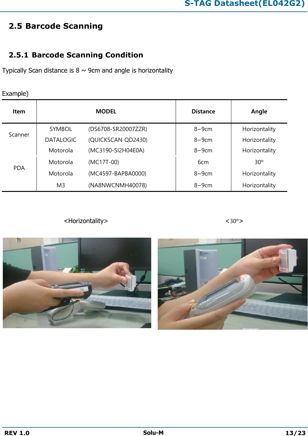  S-TAG Datasheet(EL042G2)  REV 1.0 Solu-M 13/23   2.5 Barcode Scanning  2.5.1 Barcode Scanning Condition Typically Scan distance is 8 ~ 9cm and angle is horizontality  Example) Item MODEL  Distance Angle Scanner SYMBOL (DS6708-SR20007ZZR) 8~9cm Horizontality DATALOGIC (QUICKSCAN QD2430) 8~9cm Horizontality PDA Motorola (MC3190-SI2H04E0A) 8~9cm Horizontality Motorola (MC17T-00) 6cm 30º Motorola (MC4597-BAPBA0000) 8~9cm Horizontality M3 (NA8NWCNMH40078) 8~9cm Horizontality   &lt;Horizontality&gt;                                                          &lt;30º&gt;   