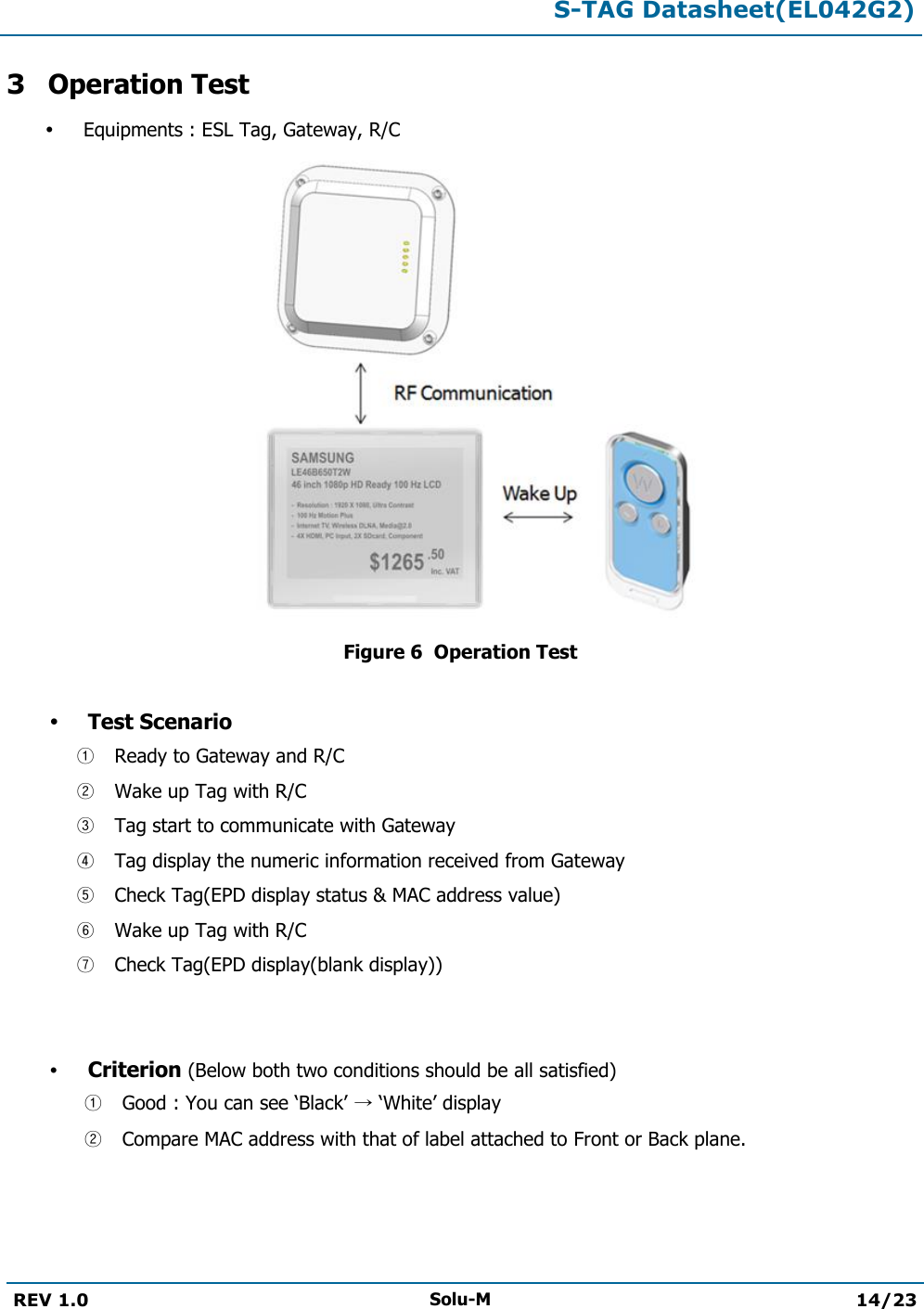  S-TAG Datasheet(EL042G2)  REV 1.0 Solu-M 14/23   3 Operation Test  Equipments : ESL Tag, Gateway, R/C  Figure 6  Operation Test   Test Scenario ① Ready to Gateway and R/C ② Wake up Tag with R/C ③ Tag start to communicate with Gateway  ④ Tag display the numeric information received from Gateway ⑤ Check Tag(EPD display status &amp; MAC address value) ⑥ Wake up Tag with R/C ⑦ Check Tag(EPD display(blank display))    Criterion (Below both two conditions should be all satisfied) ① Good : You can see ‘Black’ → ‘White’ display ② Compare MAC address with that of label attached to Front or Back plane.    