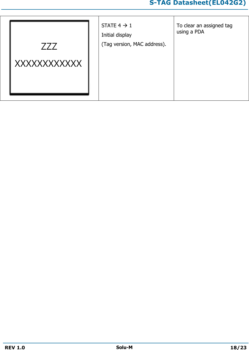  S-TAG Datasheet(EL042G2)  REV 1.0 Solu-M 18/23    STATE 4  1 Initial display (Tag version, MAC address). To clear an assigned tag using a PDA  ZZZ XXXXXXXXXXXX 