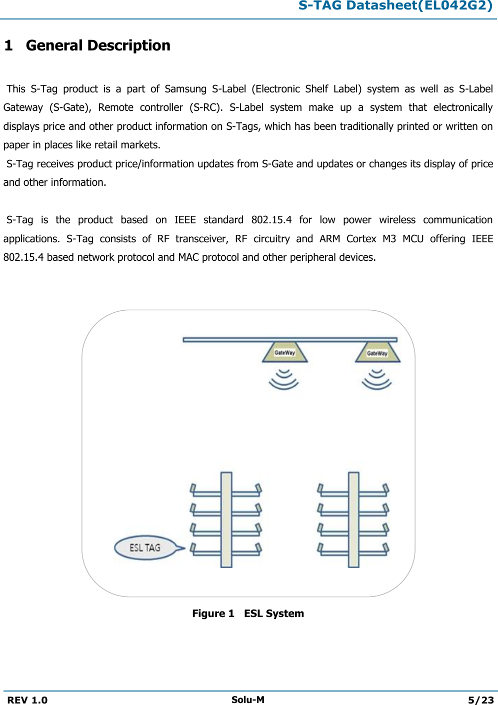  S-TAG Datasheet(EL042G2)  REV 1.0 Solu-M 5/23   1 General Description   This  S-Tag  product  is  a  part  of  Samsung  S-Label  (Electronic  Shelf  Label)  system  as  well  as  S-Label Gateway  (S-Gate),  Remote  controller  (S-RC).  S-Label  system  make  up  a  system  that  electronically displays price and other product information on S-Tags, which has been traditionally printed or written on paper in places like retail markets.  S-Tag receives product price/information updates from S-Gate and updates or changes its display of price and other information.   S-Tag  is  the  product  based  on  IEEE  standard  802.15.4  for  low  power  wireless  communication applications.  S-Tag  consists  of  RF  transceiver,  RF  circuitry  and  ARM  Cortex  M3  MCU  offering  IEEE 802.15.4 based network protocol and MAC protocol and other peripheral devices.    Figure 1   ESL System 