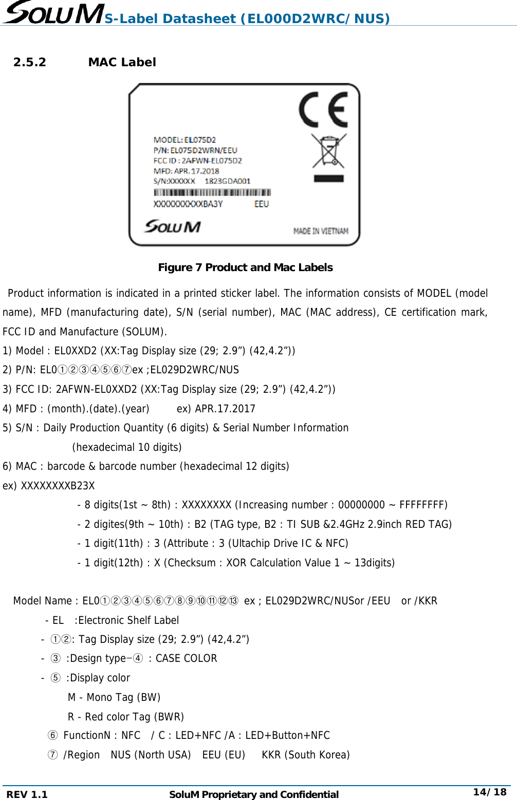 S-Label Datasheet (EL000D2WRC/NUS) REV 1.1  SoluM Proprietary and Confidential  14/18  2.5.2 MAC Label  Figure 7 Product and Mac Labels  Product information is indicated in a printed sticker label. The information consists of MODEL (model name), MFD (manufacturing date), S/N (serial number), MAC (MAC address), CE certification mark, FCC ID and Manufacture (SOLUM). 1) Model : EL0XXD2 (XX:Tag Display size (29; 2.9”) (42,4.2”)) 2) P/N: EL0①②③④⑤⑥⑦ex ;EL029D2WRC/NUS 3) FCC ID: 2AFWN-EL0XXD2 (XX:Tag Display size (29; 2.9”) (42,4.2”)) 4) MFD : (month).(date).(year)     ex) APR.17.2017 5) S/N : Daily Production Quantity (6 digits) &amp; Serial Number Information              (hexadecimal 10 digits) 6) MAC : barcode &amp; barcode number (hexadecimal 12 digits) ex) XXXXXXXXB23X                - 8 digits(1st ~ 8th) : XXXXXXXX (Increasing number : 00000000 ~ FFFFFFFF)                - 2 digites(9th ~ 10th) : B2 (TAG type, B2 : TI SUB &amp;2.4GHz 2.9inch RED TAG)                - 1 digit(11th) : 3 (Attribute : 3 (Ultachip Drive IC &amp; NFC)                - 1 digit(12th) : X (Checksum : XOR Calculation Value 1 ~ 13digits)  Model Name : EL0①②③④⑤⑥⑦⑧⑨⑩⑪⑫⑬  ex ; EL029D2WRC/NUSor /EEU  or /KKR - EL  :Electronic Shelf Label - ①②: Tag Display size (29; 2.9”) (42,4.2”) - ③ :Design type-④ : CASE COLOR - ⑤ :Display color M - Mono Tag (BW) R - Red color Tag (BWR) ⑥ FunctionN : NFC  / C : LED+NFC /A : LED+Button+NFC ⑦ /Region  NUS (North USA)  EEU (EU)   KKR (South Korea)   