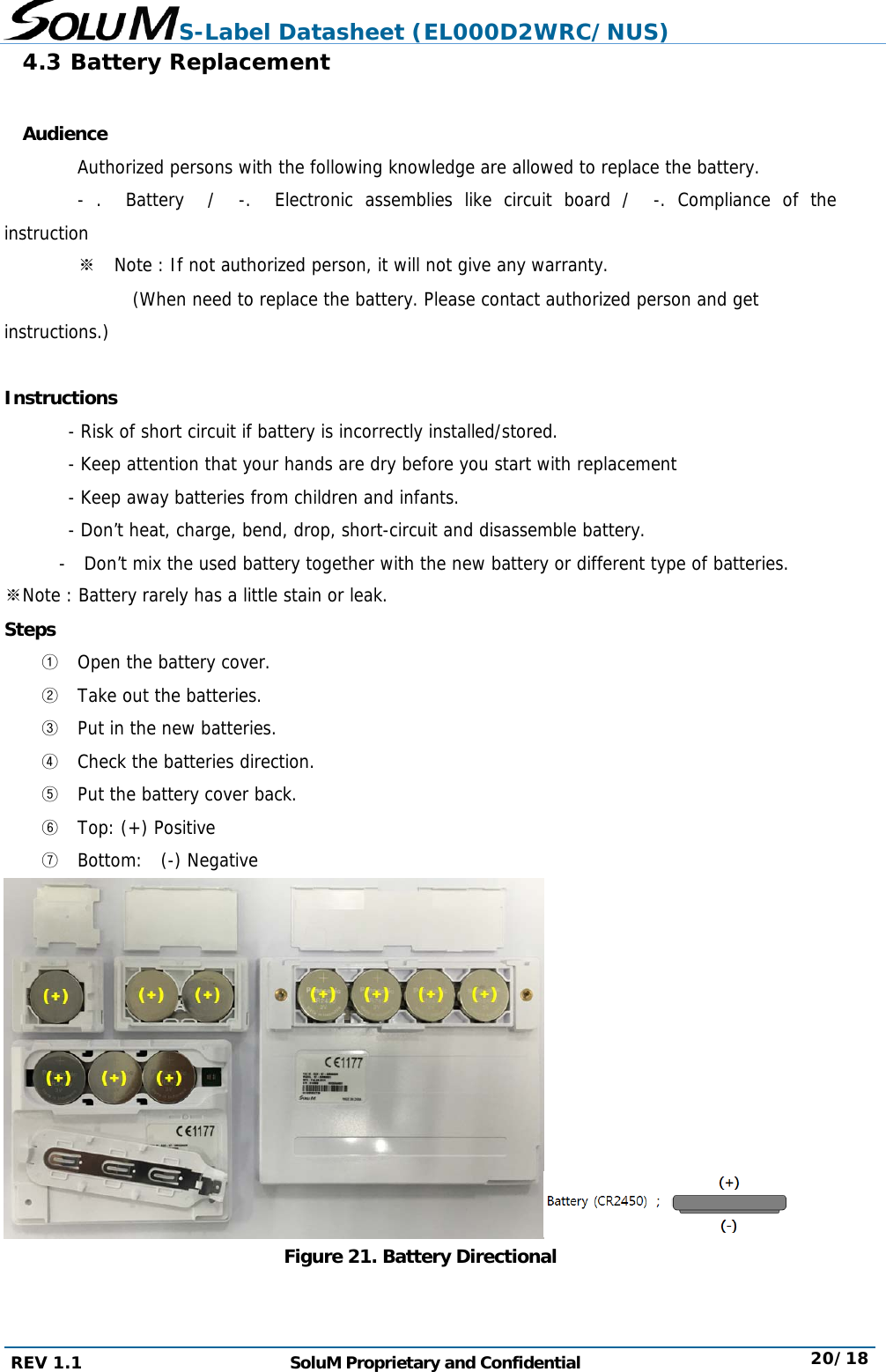 S-Label Datasheet (EL000D2WRC/NUS) REV 1.1  SoluM Proprietary and Confidential  20/18 4.3 Battery Replacement  Audience   Authorized persons with the following knowledge are allowed to replace the battery.   - .  Battery  /  -.  Electronic assemblies like circuit board /  -. Compliance of the instruction 　 ※  Note : If not authorized person, it will not give any warranty.               (When need to replace the battery. Please contact authorized person and get instructions.)  Instructions        - Risk of short circuit if battery is incorrectly installed/stored.        - Keep attention that your hands are dry before you start with replacement        - Keep away batteries from children and infants.        - Don’t heat, charge, bend, drop, short-circuit and disassemble battery.        -  Don’t mix the used battery together with the new battery or different type of batteries. ※Note : Battery rarely has a little stain or leak. Steps ① Open the battery cover. ② Take out the batteries. ③ Put in the new batteries. ④ Check the batteries direction. ⑤ Put the battery cover back. ⑥ Top: (+) Positive ⑦ Bottom:  (-) Negative  Figure 21. Battery Directional   