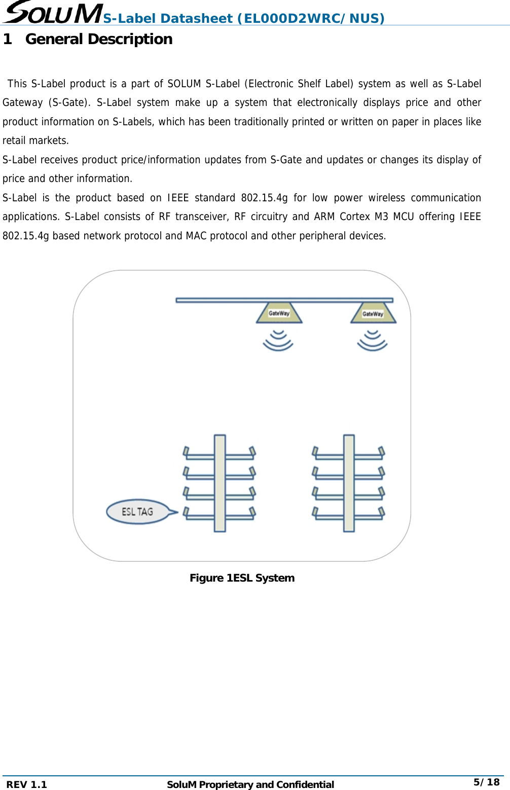 S-Label Datasheet (EL000D2WRC/NUS) REV 1.1  SoluM Proprietary and Confidential  5/18 1 General Description   This S-Label product is a part of SOLUM S-Label (Electronic Shelf Label) system as well as S-Label Gateway (S-Gate). S-Label system make up a system that electronically displays price and other product information on S-Labels, which has been traditionally printed or written on paper in places like retail markets. S-Label receives product price/information updates from S-Gate and updates or changes its display of price and other information. S-Label is the product based on IEEE standard 802.15.4g for low power wireless communication applications. S-Label consists of RF transceiver, RF circuitry and ARM Cortex M3 MCU offering IEEE 802.15.4g based network protocol and MAC protocol and other peripheral devices.   Figure 1ESL System 