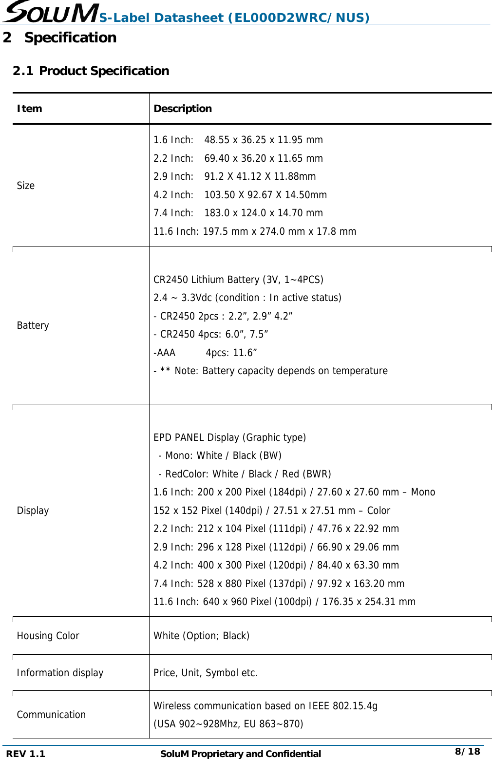 S-Label Datasheet (EL000D2WRC/NUS) REV 1.1  SoluM Proprietary and Confidential  8/18 2 Specification 2.1 Product Specification Item Description Size 1.6 Inch:  48.55 x 36.25 x 11.95 mm 2.2 Inch:  69.40 x 36.20 x 11.65 mm 2.9 Inch:  91.2 X 41.12 X 11.88mm 4.2 Inch:  103.50 X 92.67 X 14.50mm 7.4 Inch:  183.0 x 124.0 x 14.70 mm 11.6 Inch: 197.5 mm x 274.0 mm x 17.8 mm Battery  CR2450 Lithium Battery (3V, 1~4PCS) 2.4 ~ 3.3Vdc (condition : In active status) - CR2450 2pcs : 2.2”, 2.9” 4.2” - CR2450 4pcs: 6.0”, 7.5” -AAA      4pcs: 11.6” - ** Note: Battery capacity depends on temperature  Display  EPD PANEL Display (Graphic type) - Mono: White / Black (BW) - RedColor: White / Black / Red (BWR) 1.6 Inch: 200 x 200 Pixel (184dpi) / 27.60 x 27.60 mm – Mono 152 x 152 Pixel (140dpi) / 27.51 x 27.51 mm – Color 2.2 Inch: 212 x 104 Pixel (111dpi) / 47.76 x 22.92 mm 2.9 Inch: 296 x 128 Pixel (112dpi) / 66.90 x 29.06 mm 4.2 Inch: 400 x 300 Pixel (120dpi) / 84.40 x 63.30 mm 7.4 Inch: 528 x 880 Pixel (137dpi) / 97.92 x 163.20 mm 11.6 Inch: 640 x 960 Pixel (100dpi) / 176.35 x 254.31 mm Housing Color  White (Option; Black) Information display  Price, Unit, Symbol etc. Communication  Wireless communication based on IEEE 802.15.4g (USA 902~928Mhz, EU 863~870) 