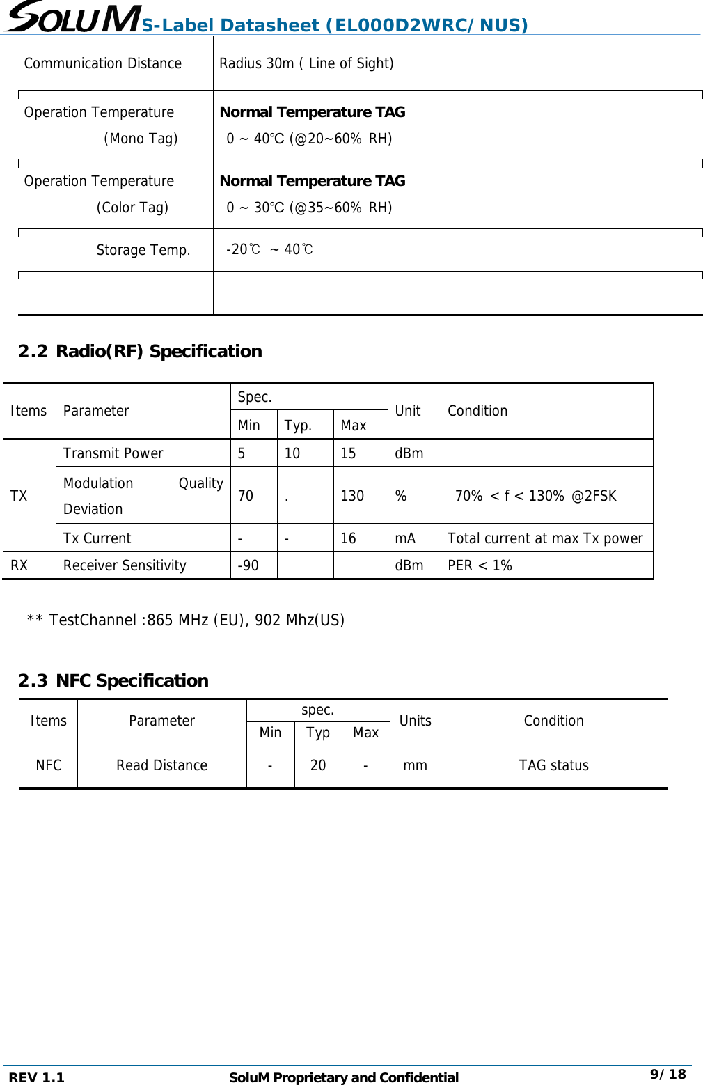 S-Label Datasheet (EL000D2WRC/NUS) REV 1.1  SoluM Proprietary and Confidential  9/18 Communication Distance  Radius 30m ( Line of Sight) Operation Temperature (Mono Tag) Normal Temperature TAG 0 ~ 40℃ (@20~60% RH) Operation Temperature (Color Tag) Normal Temperature TAG 0 ~ 30℃ (@35~60% RH) Storage Temp.  -20℃ ~ 40℃   2.2 Radio(RF) Specification Items Parameter  Spec.  Unit Condition Min Typ.  Max TX Transmit Power  5  10  15  dBm    Modulation Quality Deviation  70  .  130  %   70% &lt; f &lt; 130% @2FSK Tx Current  -  -  16  mA  Total current at max Tx powerRX Receiver Sensitivity  -90      dBm  PER &lt; 1%     ** TestChannel :865 MHz (EU), 902 Mhz(US)  2.3 NFC Specification Items Parameter  spec.  Units Condition Min Typ MaxNFC  Read Distance  - 20 - mm TAG status       