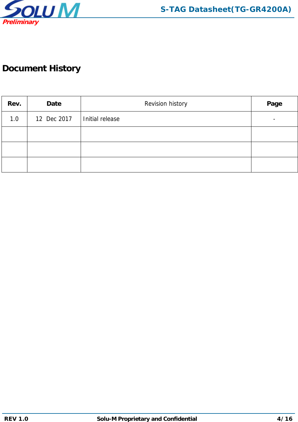  S-TAG Datasheet(TG-GR4200A)Preliminary REV 1.0  Solu-M Proprietary and Confidential 4/16    Document History   Rev. Date  Revision history  Page 1.0  12  Dec 2017   Initial release   -                 