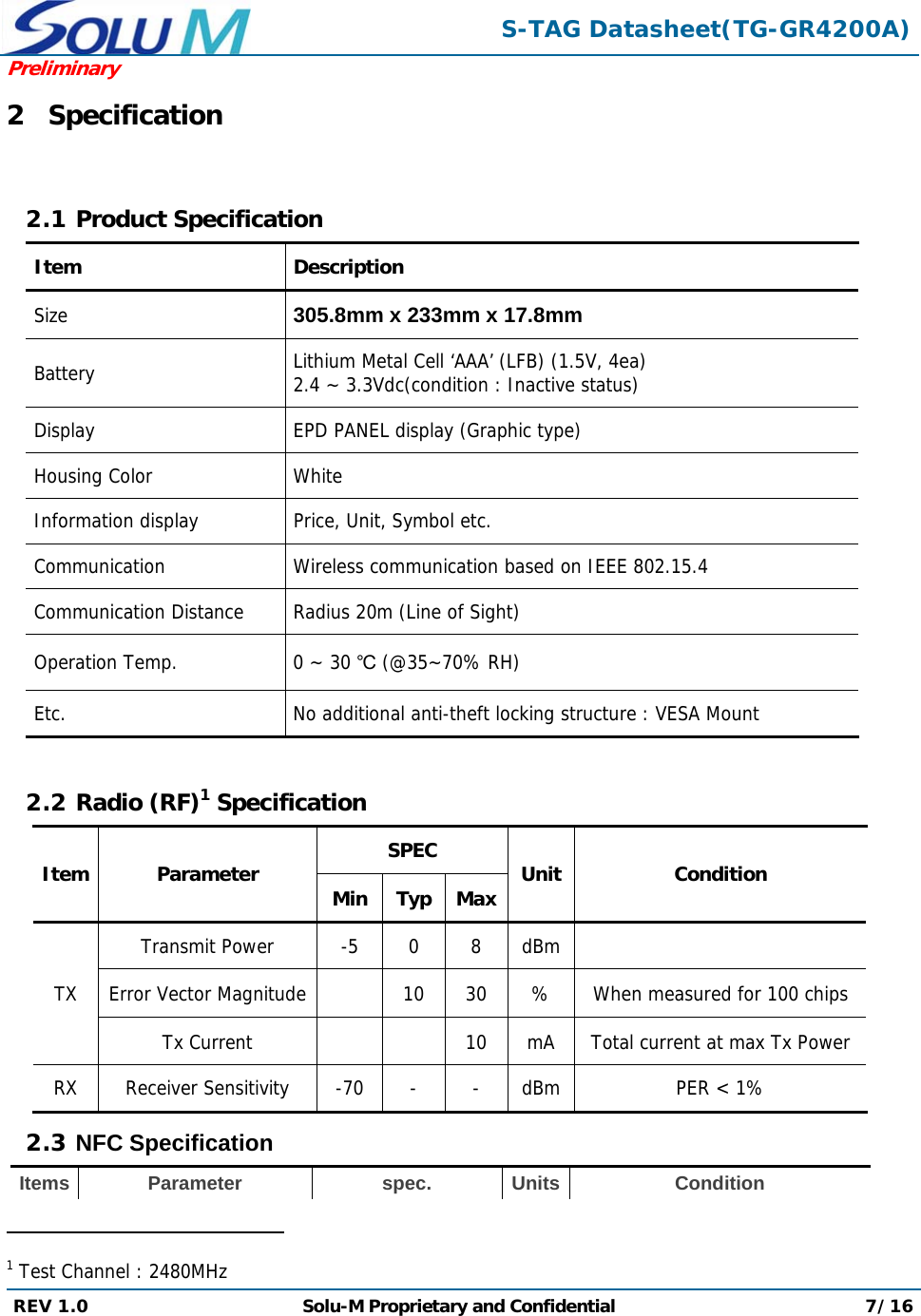  S-TAG Datasheet(TG-GR4200A)Preliminary REV 1.0  Solu-M Proprietary and Confidential 7/16  2 Specification  2.1 Product Specification Item Description Size  305.8mm x 233mm x 17.8mm Battery  Lithium Metal Cell ‘AAA’ (LFB) (1.5V, 4ea)2.4 ~ 3.3Vdc(condition : Inactive status) Display  EPD PANEL display (Graphic type) Housing Color  White Information display  Price, Unit, Symbol etc.Communication  Wireless communication based on IEEE 802.15.4 Communication Distance  Radius 20m (Line of Sight)Operation Temp.  0 ~ 30 ℃ (@35~70% RH) Etc.  No additional anti-theft locking structure : VESA Mount  2.2 Radio (RF)1 Specification Item Parameter  SPEC  Unit Condition MinTyp MaxTX Transmit Power  -5  0  8  dBmError Vector Magnitude  10 30 % When measured for 100 chipsTx Current  10 mATotal current at max Tx PowerRX  Receiver Sensitivity  -70 - - dBm PER &lt; 1% 2.3 NFC Specification Items Parameter spec. Units Condition                                                 1 Test Channel : 2480MHz 