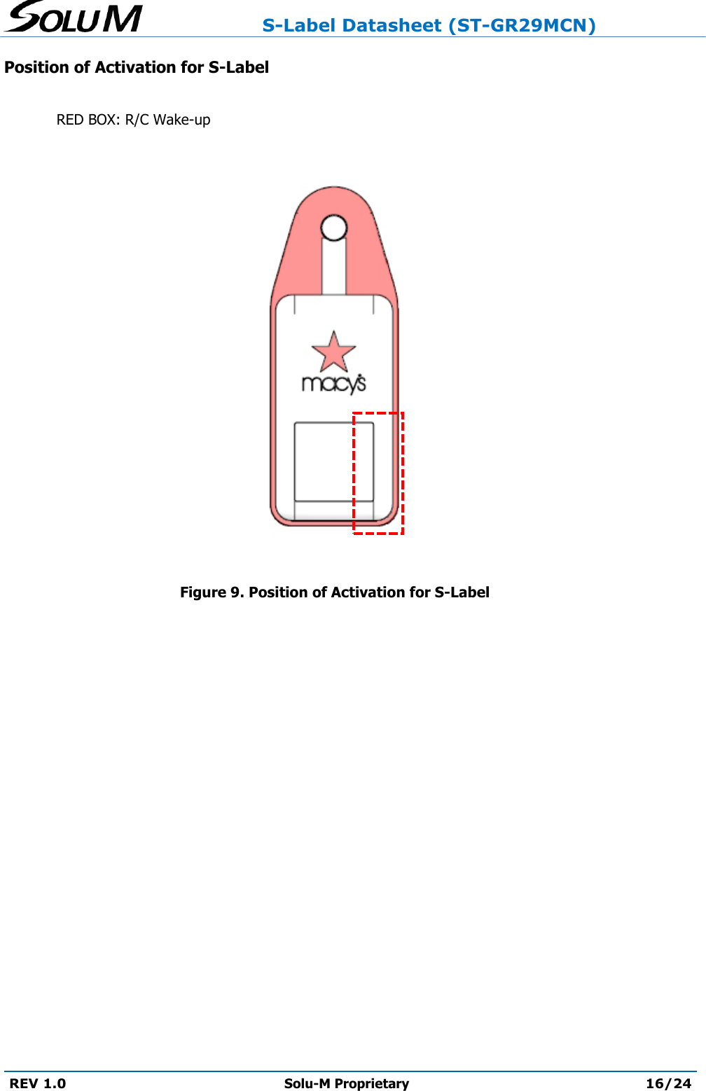                     S-Label Datasheet (ST-GR29MCN)  REV 1.0 Solu-M Proprietary 16/24  Position of Activation for S-Label  RED BOX: R/C Wake-up     Figure 9. Position of Activation for S-Label 