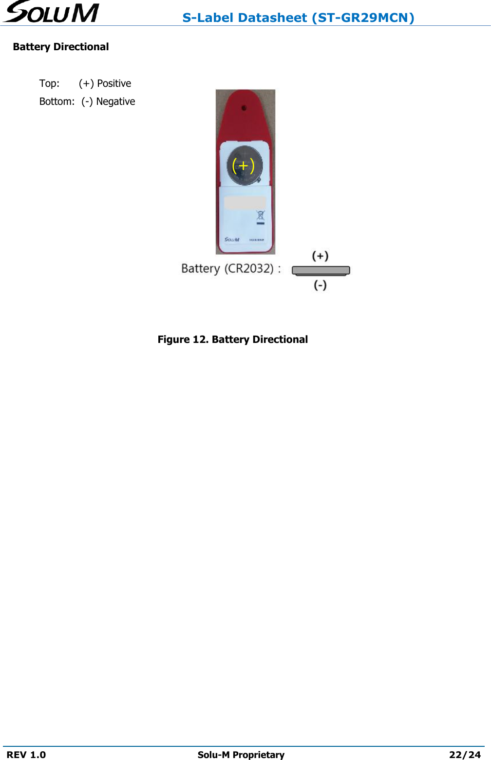                     S-Label Datasheet (ST-GR29MCN)  REV 1.0 Solu-M Proprietary 22/24  Battery Directional  Top:      (+) Positive Bottom:  (-) Negative              Figure 12. Battery Directional    (+) 