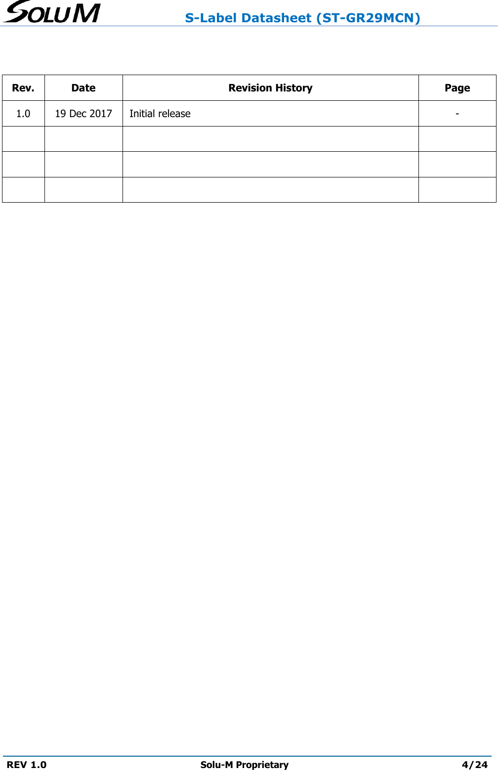                     S-Label Datasheet (ST-GR29MCN)  REV 1.0 Solu-M Proprietary 4/24    Rev. Date Revision History Page 1.0 19 Dec 2017   Initial release  -              