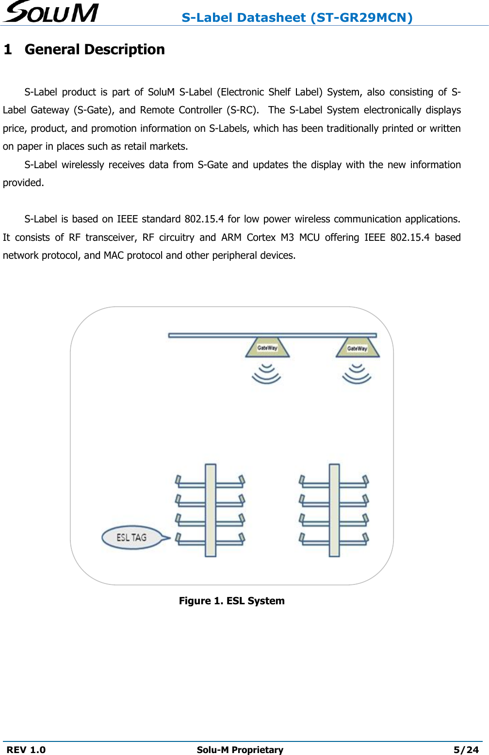                     S-Label Datasheet (ST-GR29MCN)  REV 1.0 Solu-M Proprietary 5/24  1 General Description  S-Label  product  is  part  of  SoluM  S-Label  (Electronic  Shelf  Label)  System,  also  consisting  of  S-Label  Gateway  (S-Gate),  and  Remote  Controller  (S-RC).    The  S-Label  System  electronically  displays price, product, and promotion information on S-Labels, which has been traditionally printed or written on paper in places such as retail markets. S-Label wirelessly receives  data  from S-Gate and updates  the  display  with  the  new information provided.    S-Label is based on IEEE standard 802.15.4 for low power wireless communication applications.  It  consists  of  RF  transceiver,  RF  circuitry  and  ARM  Cortex  M3  MCU  offering  IEEE  802.15.4  based network protocol, and MAC protocol and other peripheral devices.    Figure 1. ESL System 