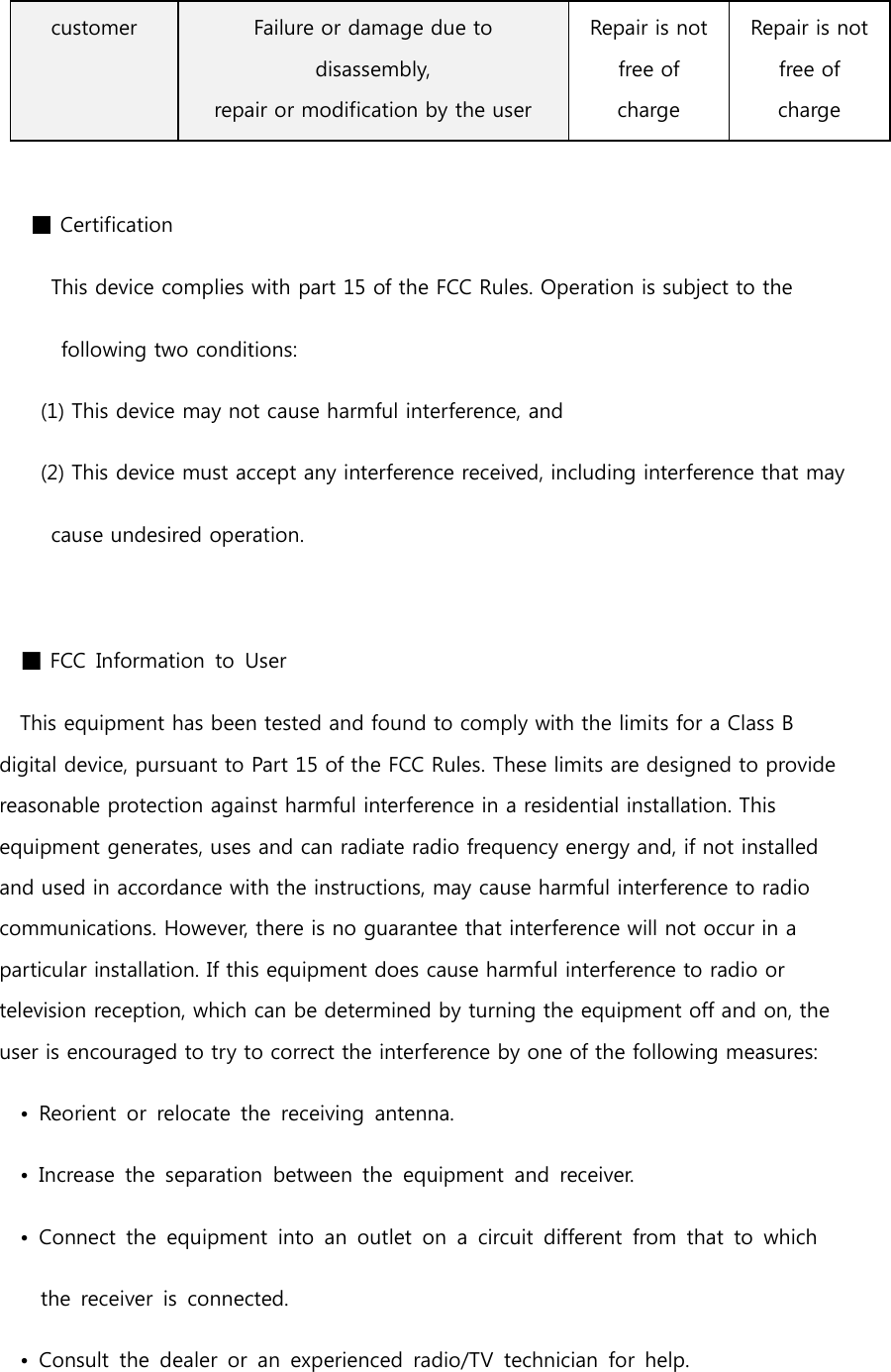 customer Failure or damage due to disassembly, repair or modification by the user Repair is not free of charge Repair is not free of charge  ■ Certification This device complies with part 15 of the FCC Rules. Operation is subject to the   following two conditions:   (1) This device may not cause harmful interference, and   (2) This device must accept any interference received, including interference that may   cause undesired operation.  ■ FCC  Information  to  User This equipment has been tested and found to comply with the limits for a Class B digital device, pursuant to Part 15 of the FCC Rules. These limits are designed to provide reasonable protection against harmful interference in a residential installation. This equipment generates, uses and can radiate radio frequency energy and, if not installed and used in accordance with the instructions, may cause harmful interference to radio communications. However, there is no guarantee that interference will not occur in a particular installation. If this equipment does cause harmful interference to radio or television reception, which can be determined by turning the equipment off and on, the user is encouraged to try to correct the interference by one of the following measures: •  Reorient  or  relocate  the  receiving  antenna. •  Increase  the  separation  between  the  equipment  and  receiver. •  Connect  the  equipment  into  an  outlet  on  a  circuit  different  from  that  to  which   the  receiver  is  connected. •  Consult  the  dealer  or  an  experienced  radio/TV  technician  for  help. 