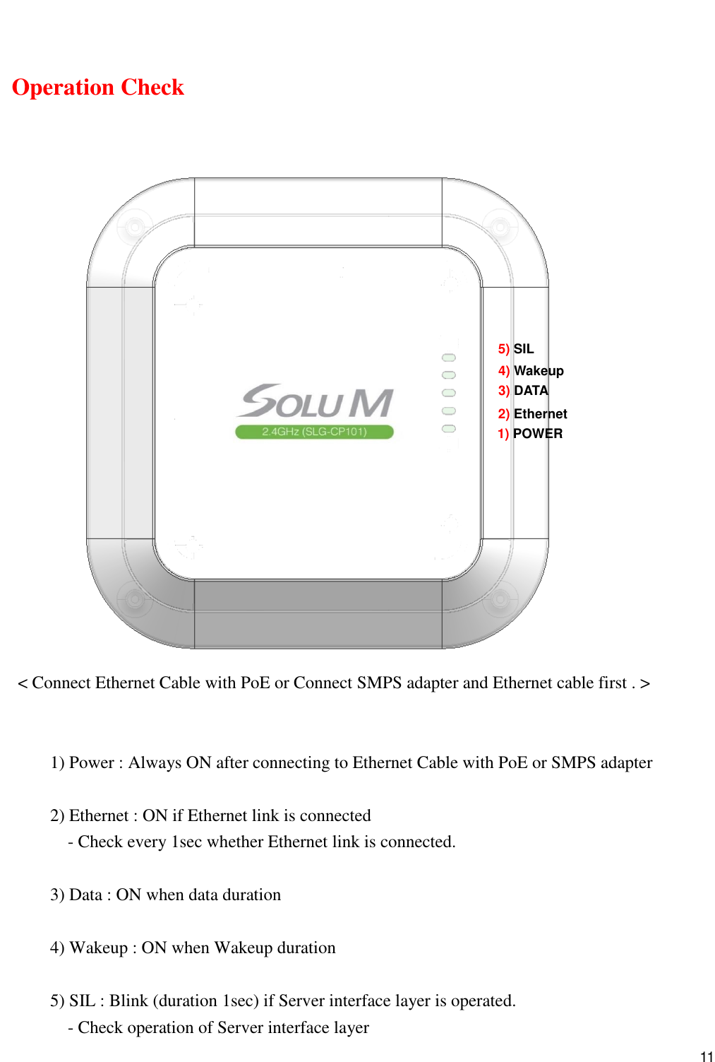      11  Operation Check                                  &lt; Connect Ethernet Cable with PoE or Connect SMPS adapter and Ethernet cable first . &gt;   1) Power : Always ON after connecting to Ethernet Cable with PoE or SMPS adapter  2) Ethernet : ON if Ethernet link is connected     - Check every 1sec whether Ethernet link is connected.  3) Data : ON when data duration  4) Wakeup : ON when Wakeup duration  5) SIL : Blink (duration 1sec) if Server interface layer is operated.     - Check operation of Server interface layer 5) SIL 4) Wakeup 3) DATA 2) Ethernet 1) POWER 