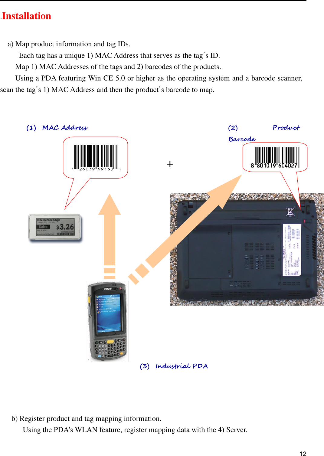      12 .Installation  a) Map product information and tag IDs. Each tag has a unique 1) MAC Address that serves as the tag’s ID. Map 1) MAC Addresses of the tags and 2) barcodes of the products. Using a PDA featuring Win CE 5.0 or higher as the operating system and a barcode scanner, scan the tag’s 1) MAC Address and then the product’s barcode to map.                                                                                           +                                                                                                             b) Register product and tag mapping information.     Using the PDA’s WLAN feature, register mapping data with the 4) Server.   (1)  MAC Address  (2)    Product Barcode (3)  Industrial PDA 