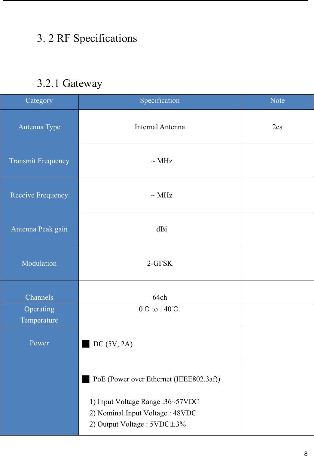      8    3. 2 RF Specifications    3.2.1 Gateway Category  Specification  Note   Antenna Type     Internal Antenna   2ea   Transmit Frequency      ~ MHz     Receive Frequency      ~ MHz     Antenna Peak gain      dBi     Modulation     2-GFSK     Channels   64ch   Operating Temperature 0℃ to +40℃.    Power     █  DC (5V, 2A)       █  PoE (Power over Ethernet (IEEE802.3af))   1) Input Voltage Range :36~57VDC 2) Nominal Input Voltage : 48VDC 2) Output Voltage : 5VDC±3%   