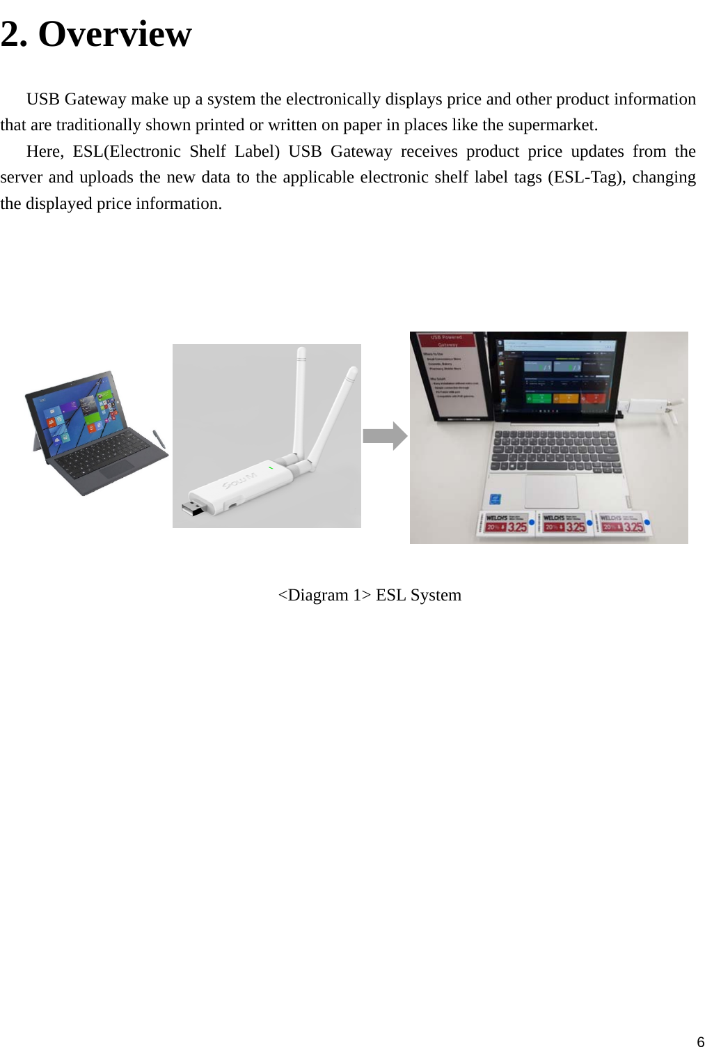     62. Overview  USB Gateway make up a system the electronically displays price and other product information that are traditionally shown printed or written on paper in places like the supermarket. Here, ESL(Electronic Shelf Label) USB Gateway receives product price updates from the server and uploads the new data to the applicable electronic shelf label tags (ESL-Tag), changing the displayed price information.            &lt;Diagram 1&gt; ESL System                      